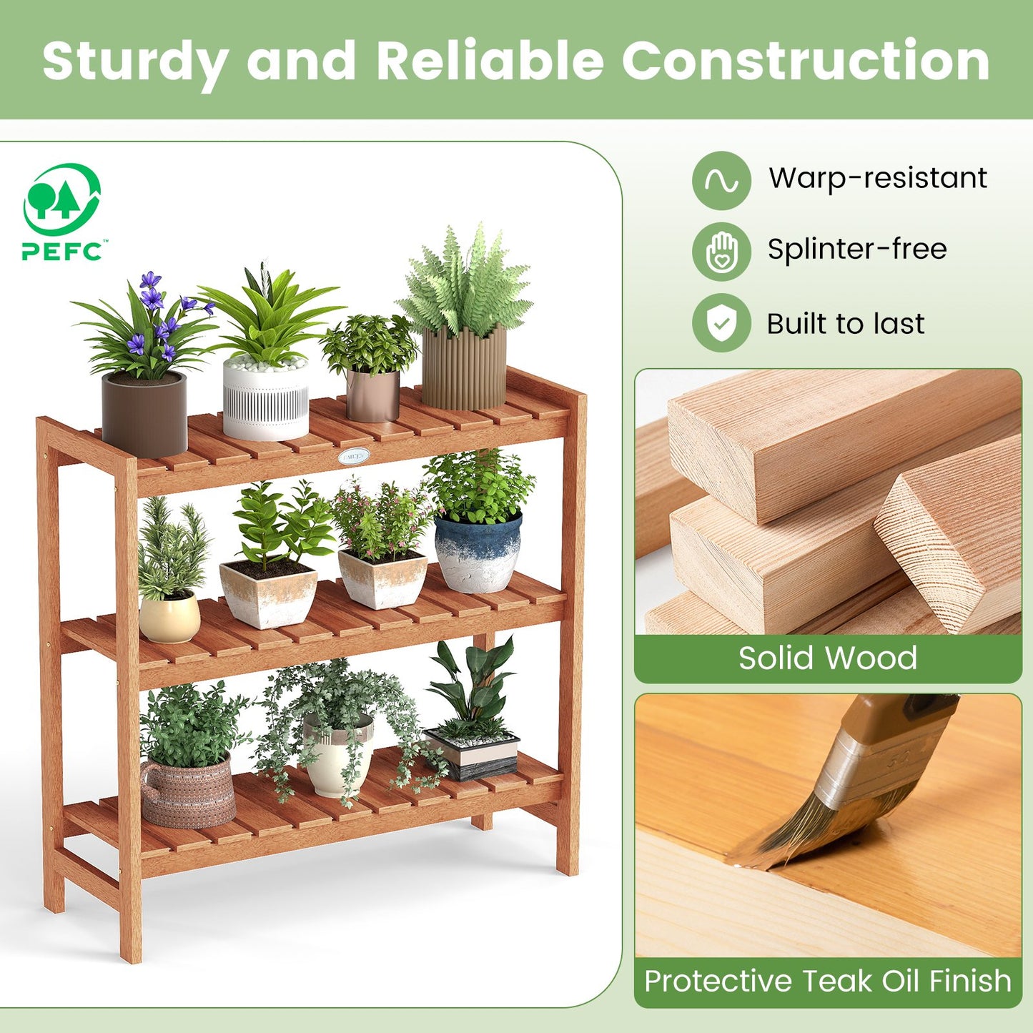 3-Tier Solid Wood Plant Stand with Slatted Shelves, Natural Plant Stands at Gallery Canada