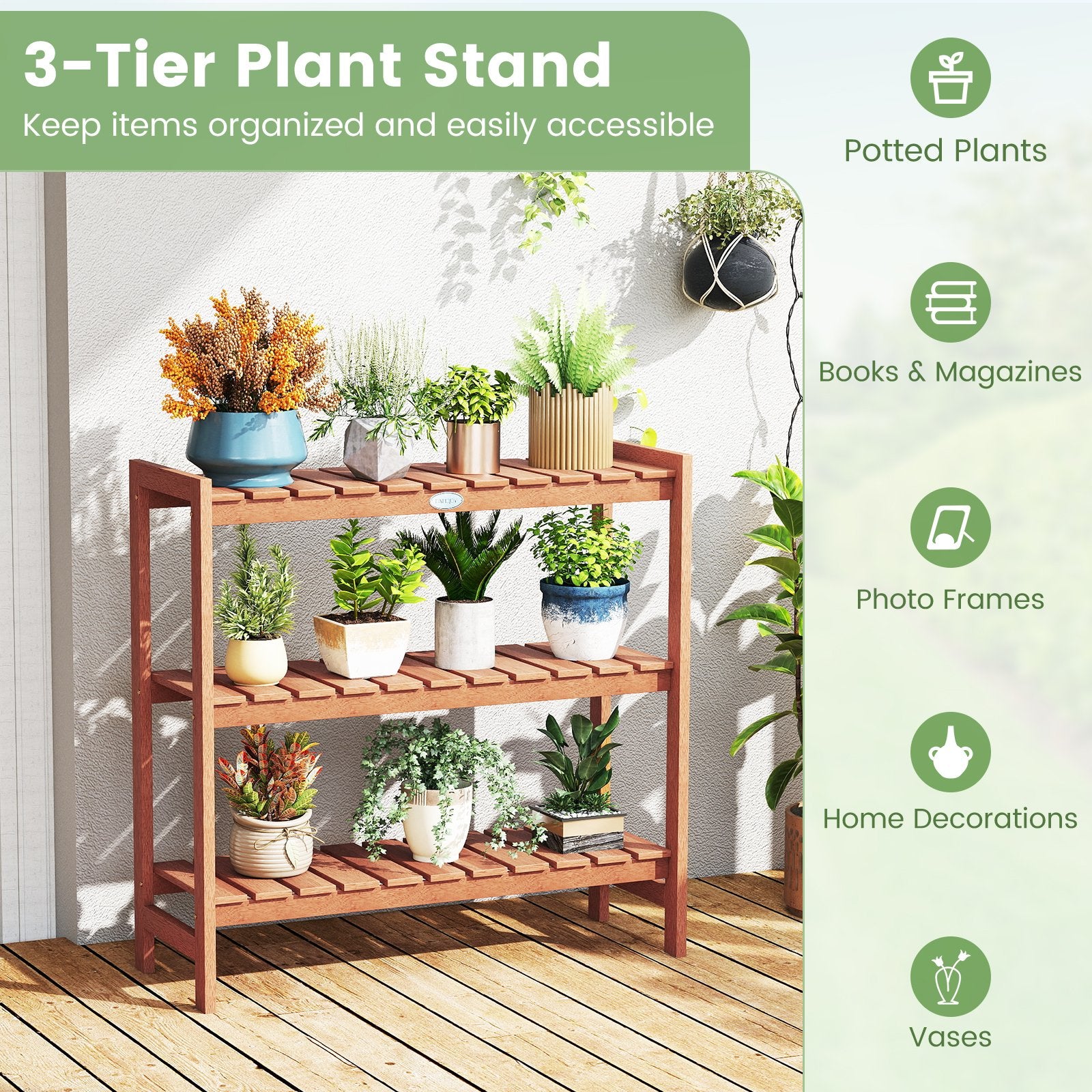 3-Tier Solid Wood Plant Stand with Slatted Shelves, Natural Plant Stands at Gallery Canada