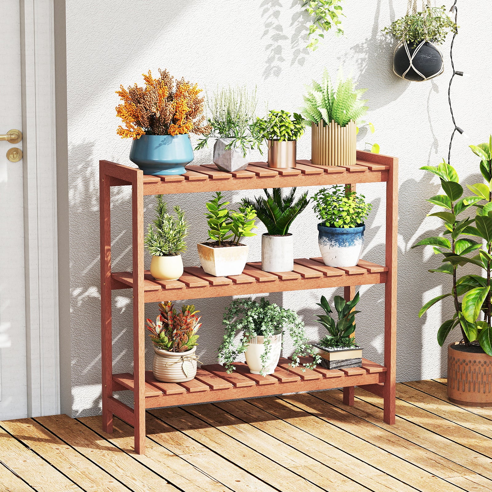 3-Tier Solid Wood Plant Stand, Slatted Shelves, Natural Plant Stands at Gallery Canada