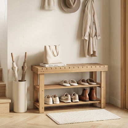 3-Tier Solid Wood Shoe Rack Bench With Slatted Shelves, M
