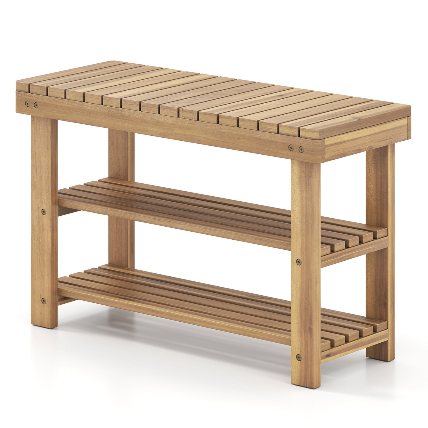 3-Tier Solid Wood Shoe Rack Bench With Slatted Shelves, M