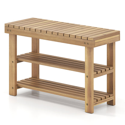 3-Tier Solid Wood Shoe Rack Bench With Slatted Shelves, M
