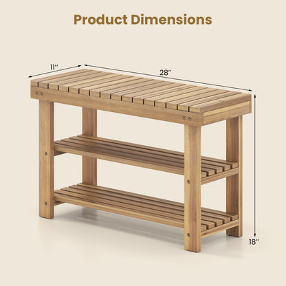 3-Tier Solid Wood Shoe Rack Bench With Slatted Shelves, M
