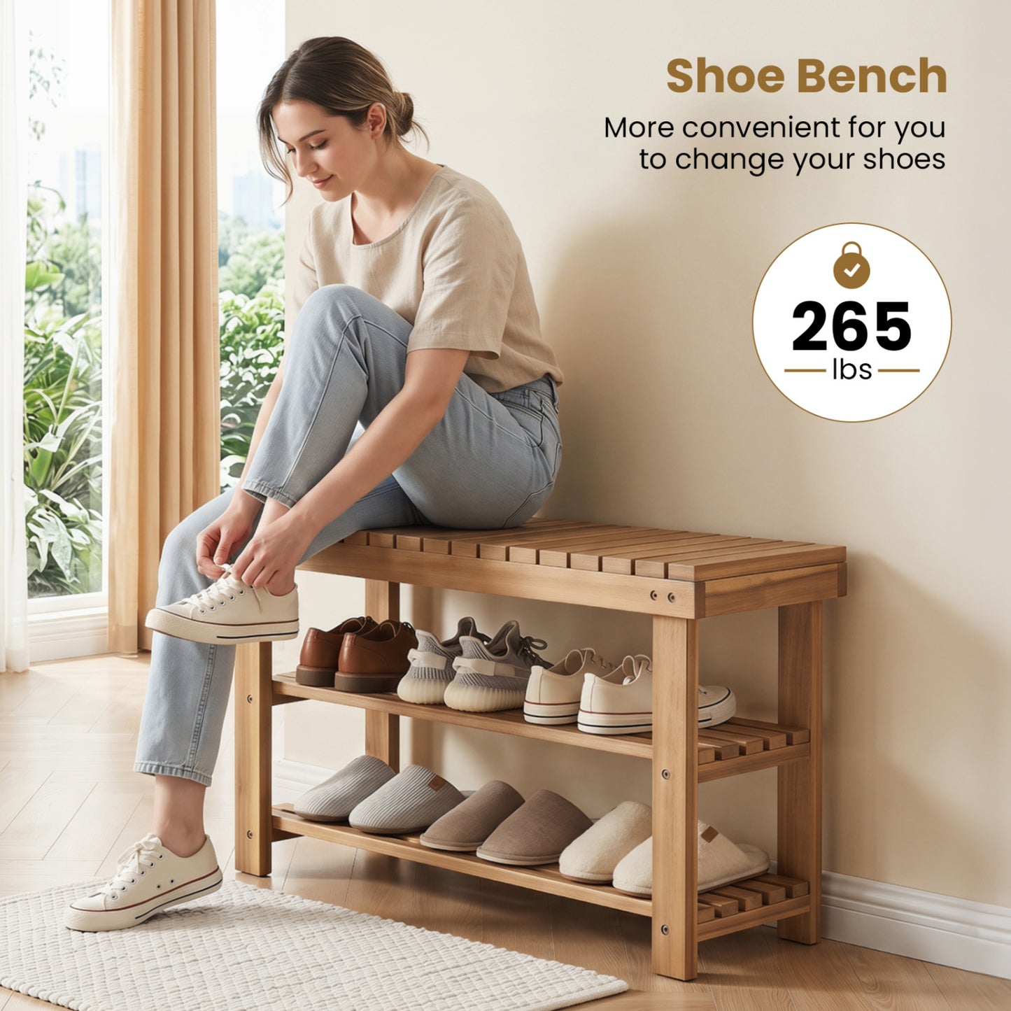3-Tier Solid Wood Shoe Rack Bench With Slatted Shelves, M