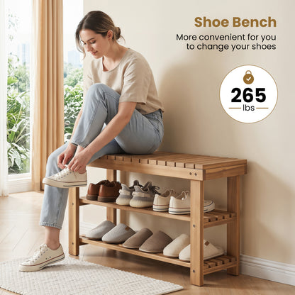 3-Tier Solid Wood Shoe Rack Bench With Slatted Shelves, M