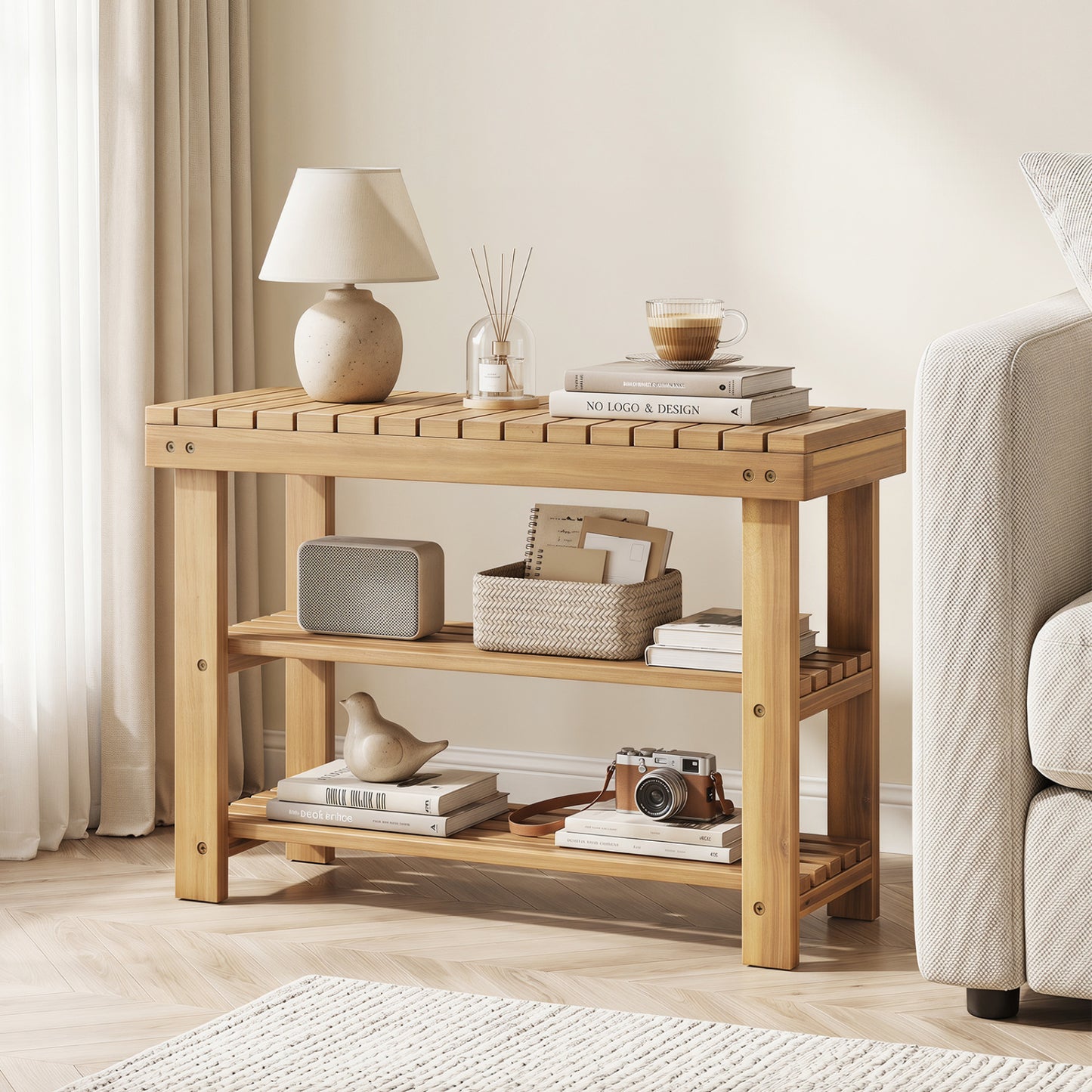 3-Tier Solid Wood Shoe Rack Bench With Slatted Shelves, M