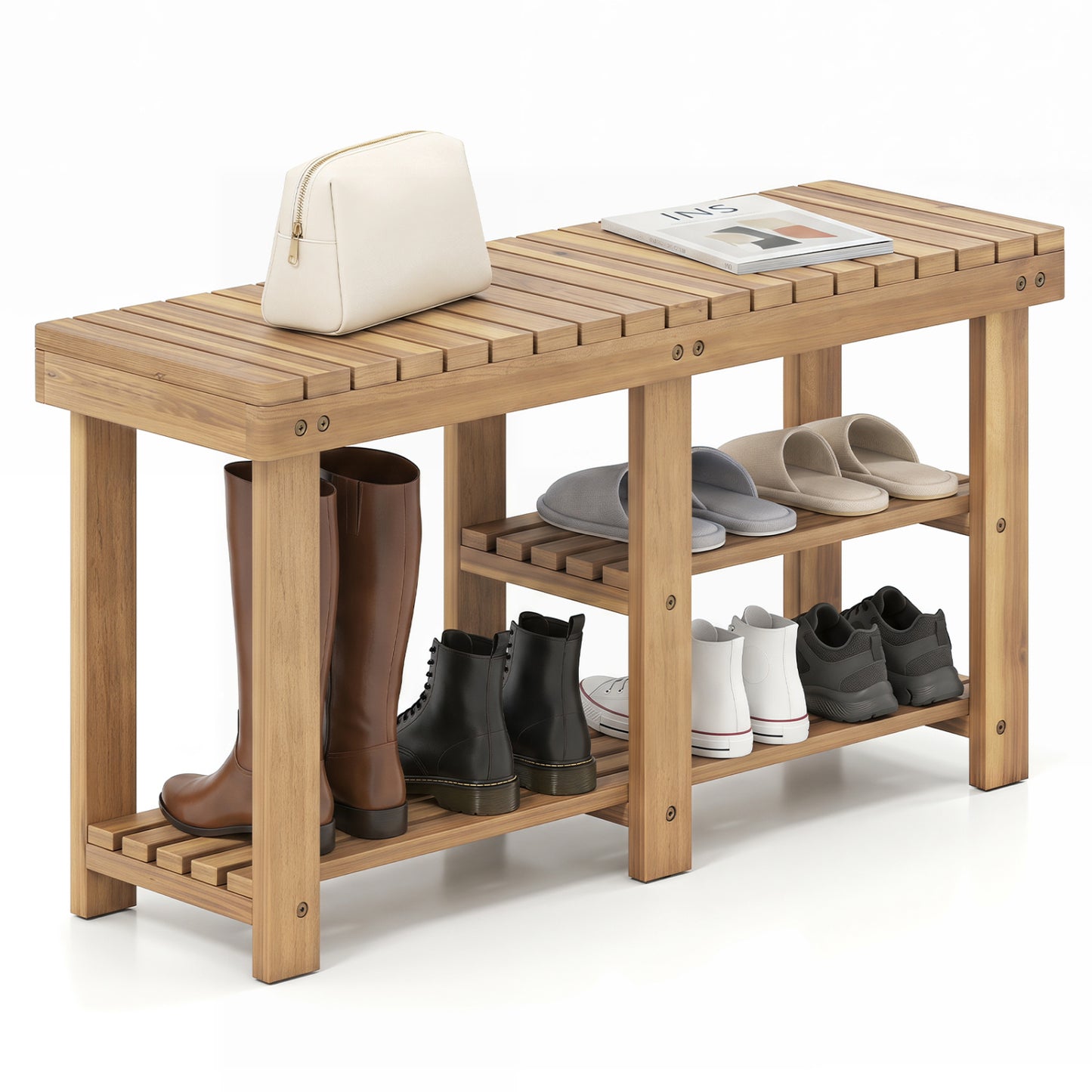 3-Tier Solid Wood Shoe Rack Bench With Slatted Shelves