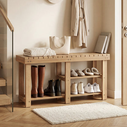 3-Tier Solid Wood Shoe Rack Bench With Slatted Shelves