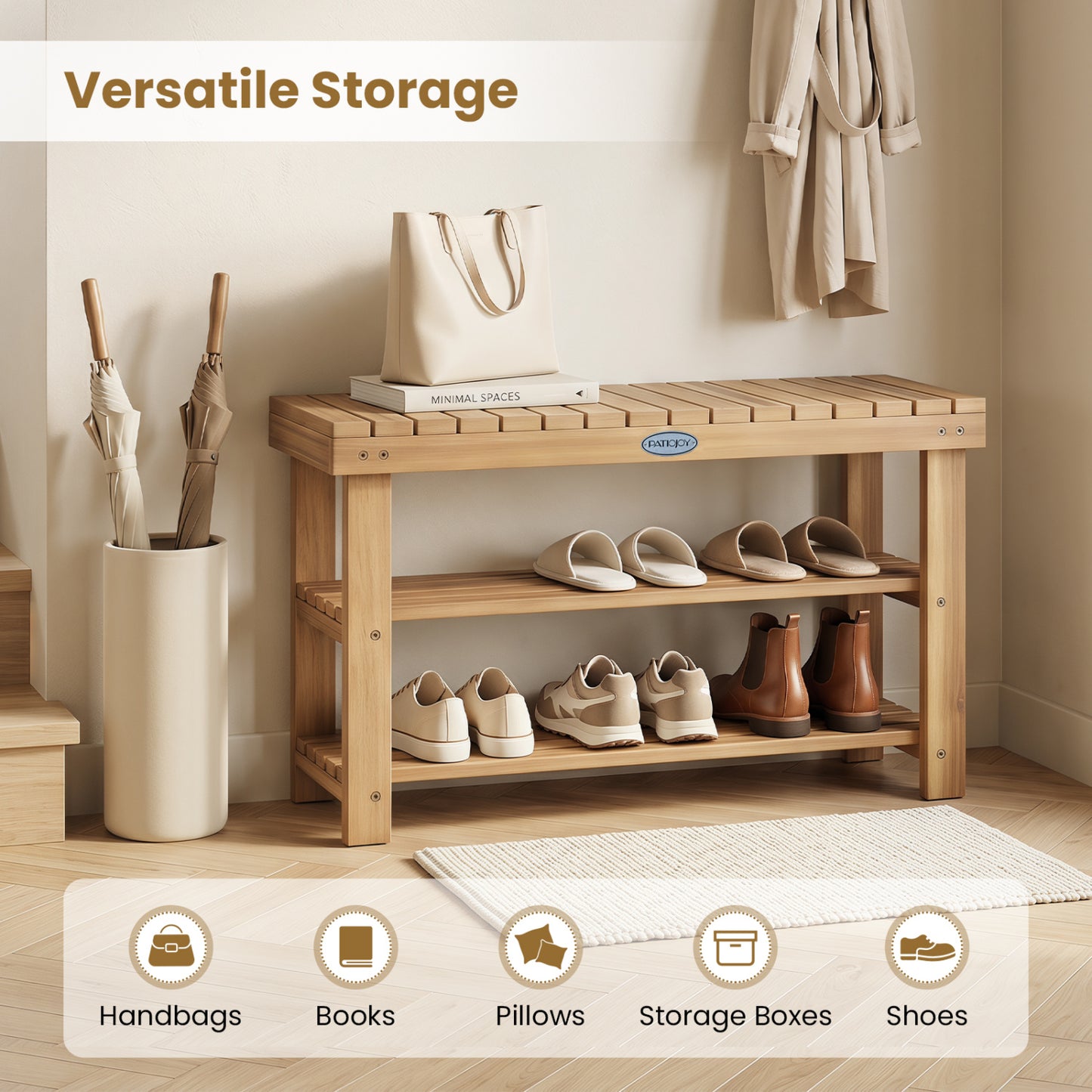 3-Tier Solid Wood Shoe Rack Bench With Slatted Shelves, M Shoe Racks & Storage Benches at Gallery Canada