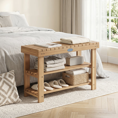 3-Tier Solid Wood Shoe Rack Bench With Slatted Shelves, M