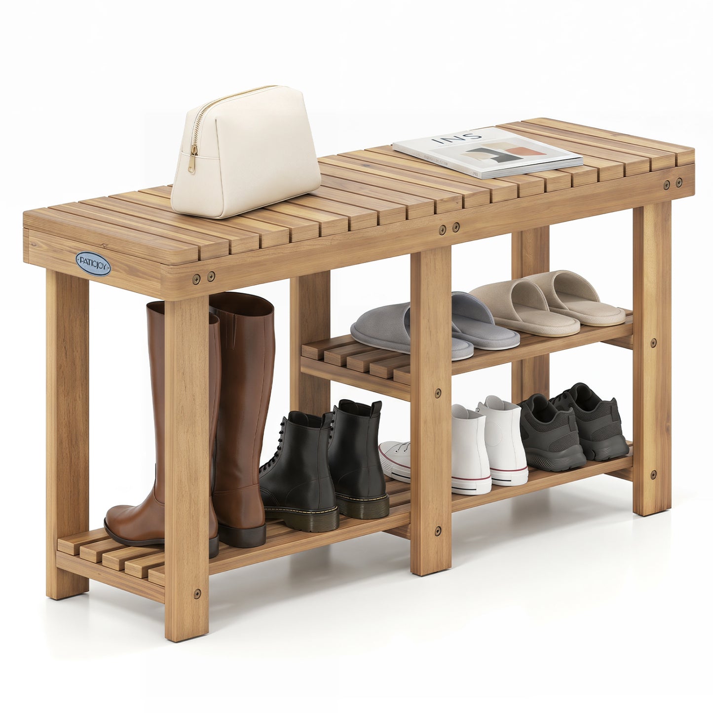 3-Tier Solid Wood Shoe Rack Bench With Slatted Shelves Shoe Racks & Storage Benches at Gallery Canada