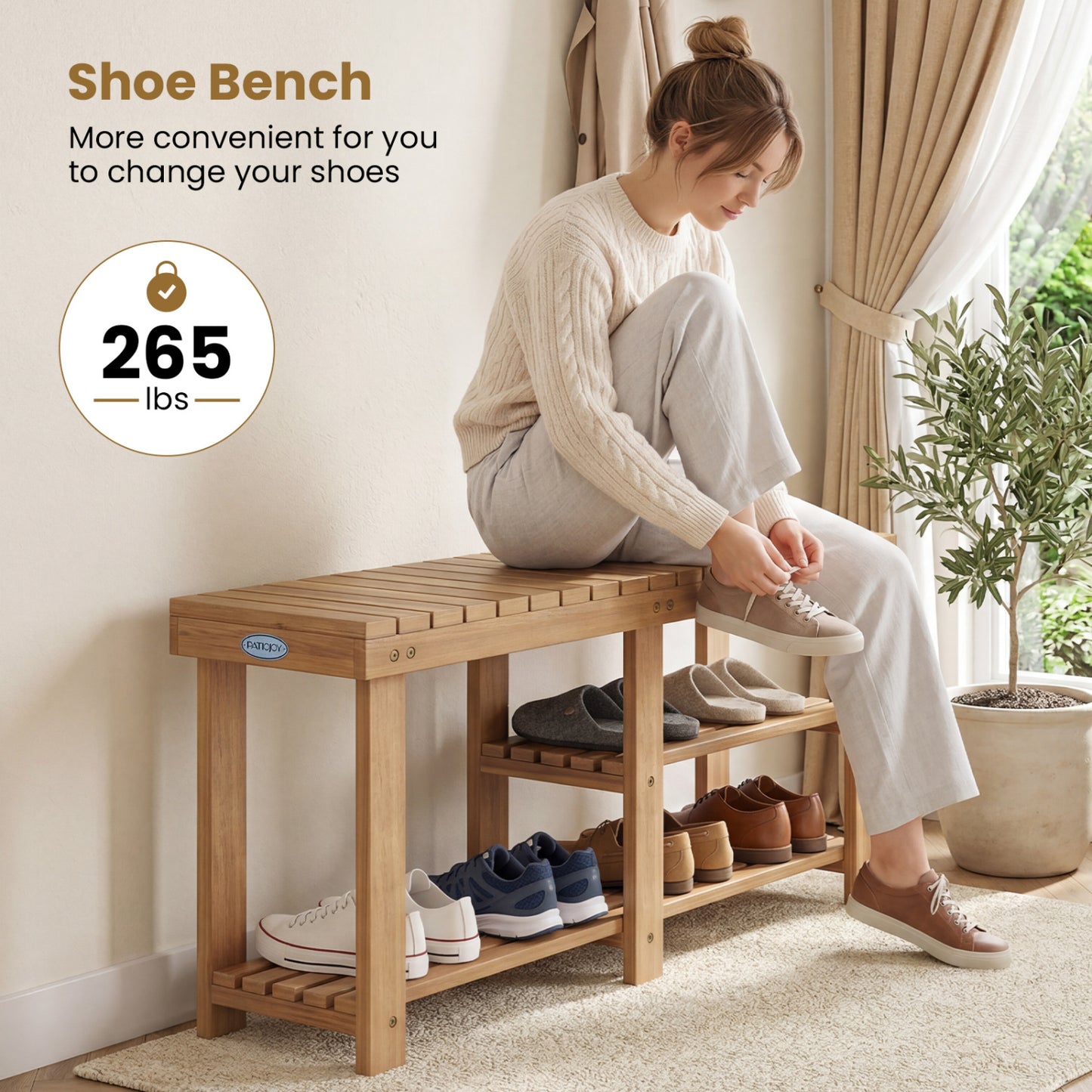 3-Tier Solid Wood Shoe Rack Bench With Slatted Shelves Shoe Racks & Storage Benches at Gallery Canada