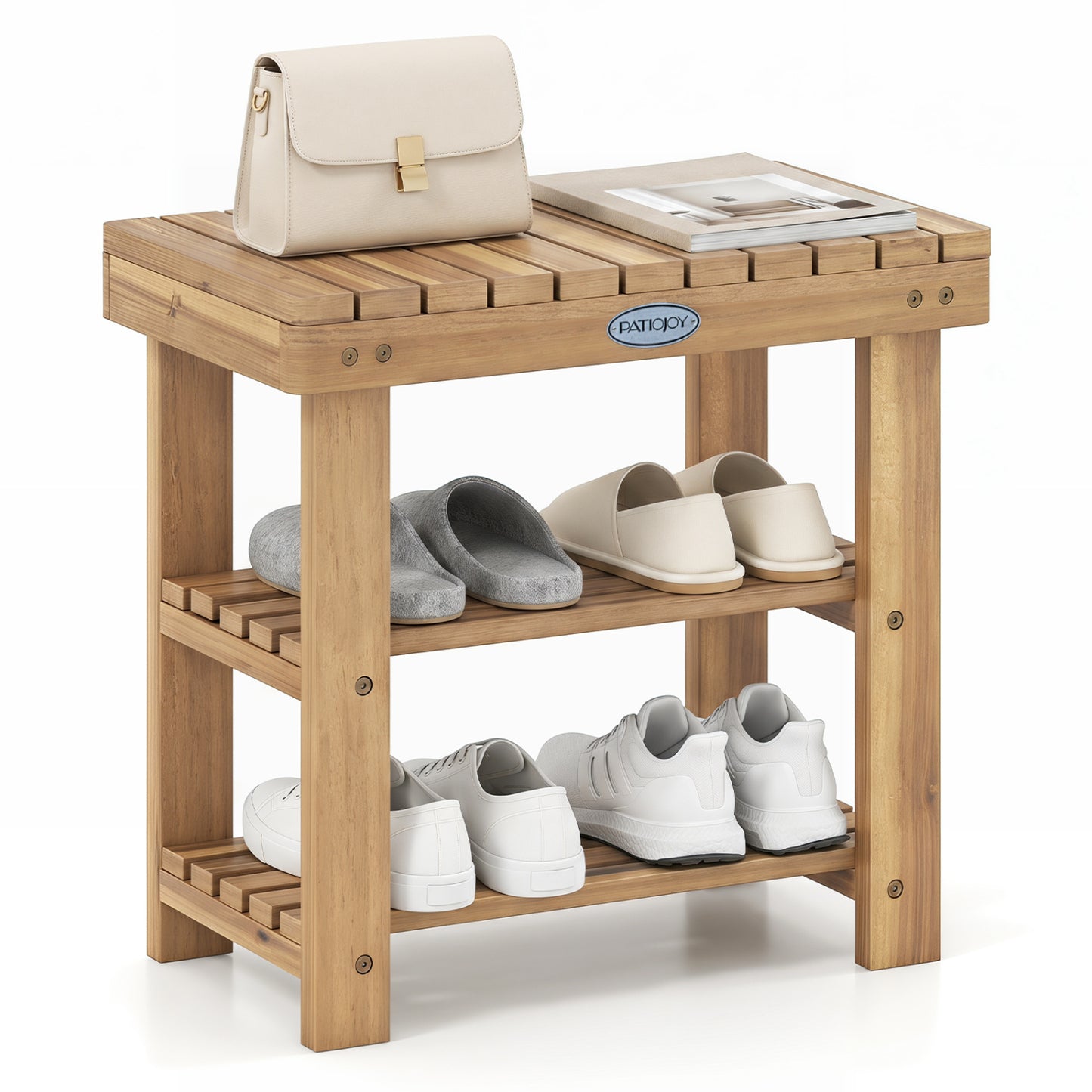 3-Tier Solid Wood Shoe Rack Bench, S