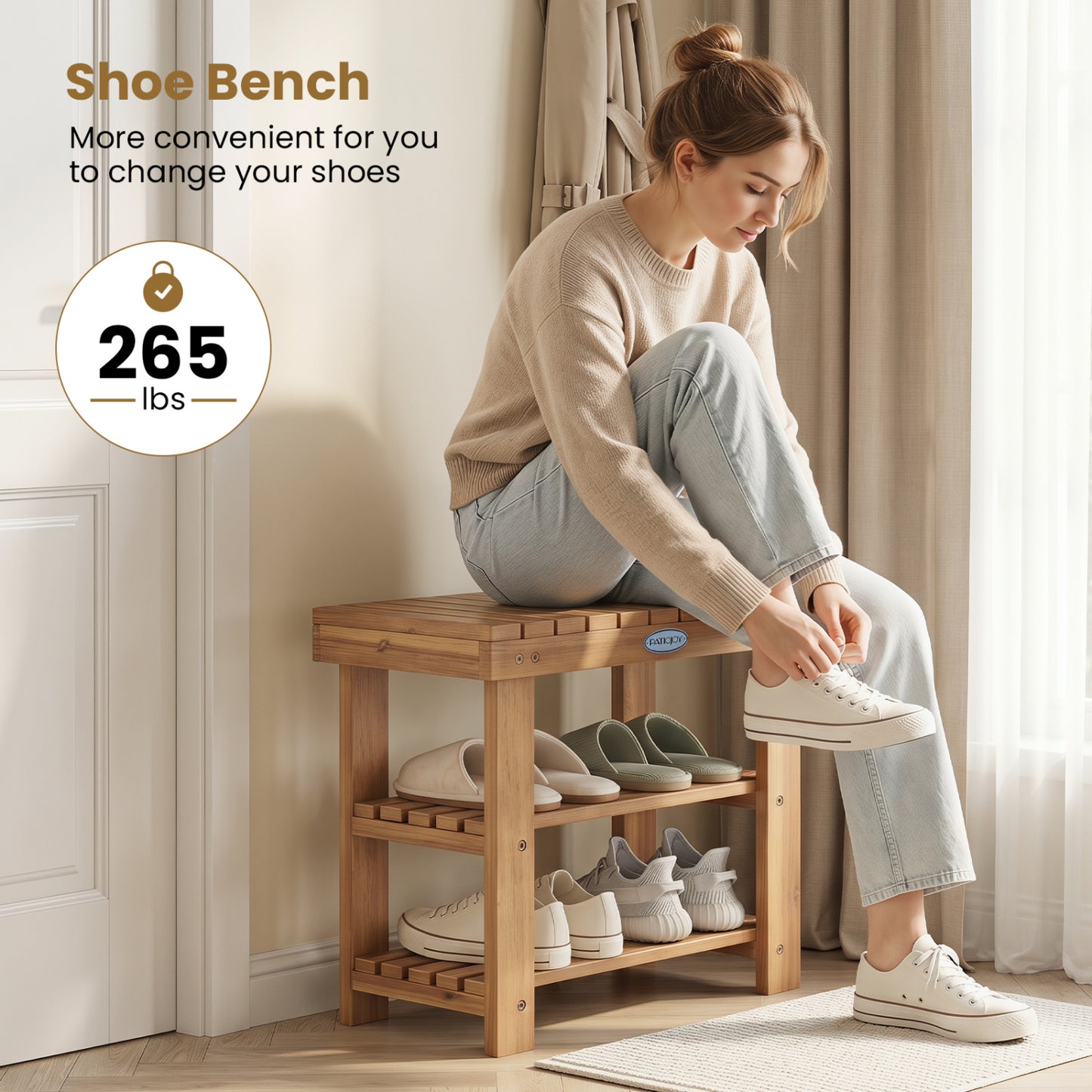 3-Tier Solid Wood Shoe Rack Bench, S