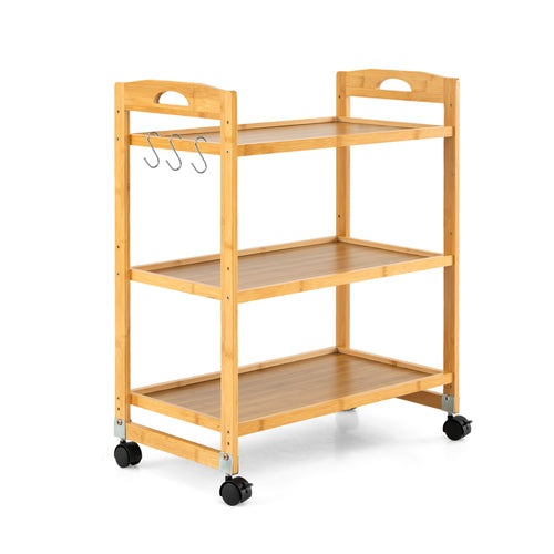 3-Tier Rolling Cart, Bamboo Utility Cart, 4 Universal Wheels, Natural