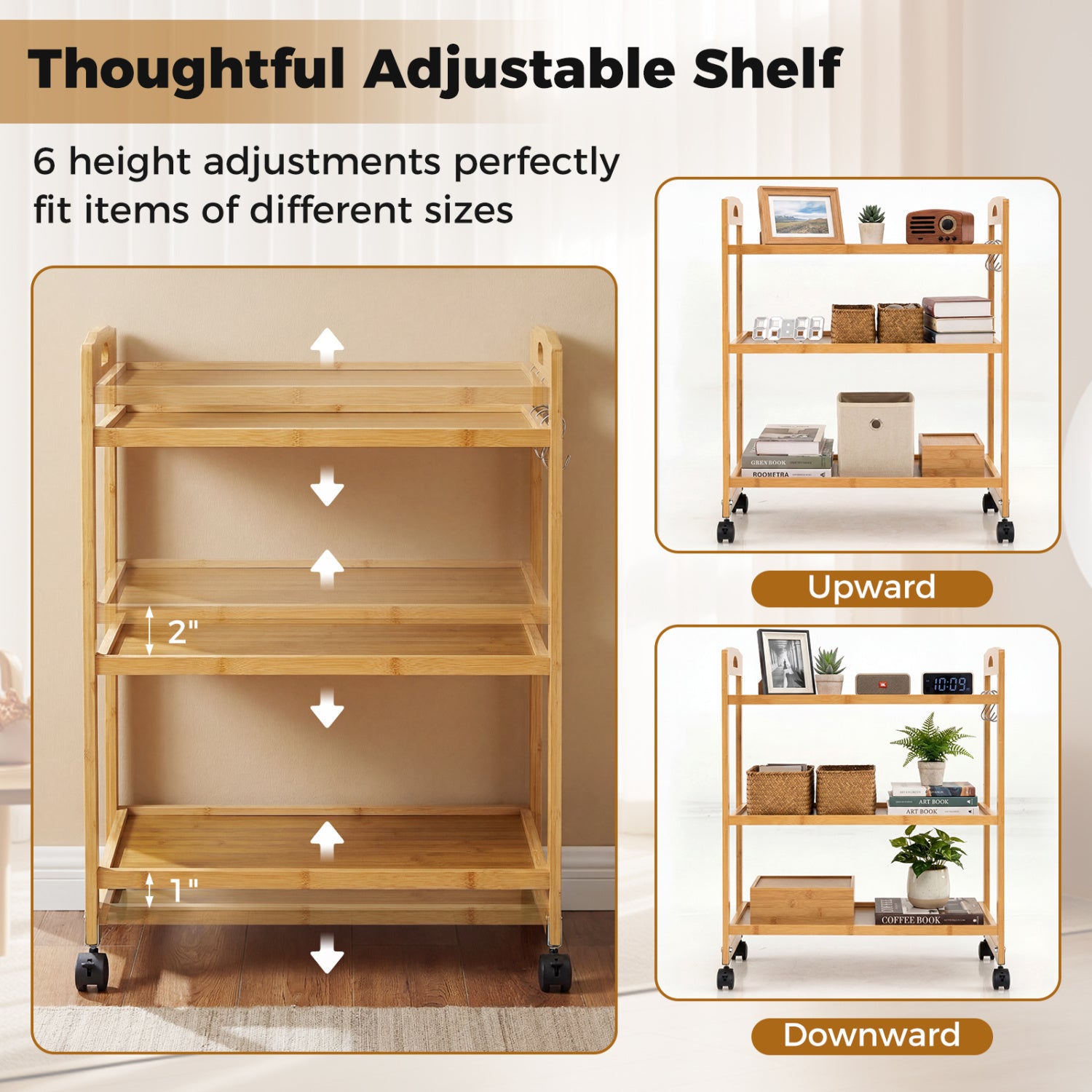 3-Tier Rolling Cart, Bamboo Utility Cart, 4 Universal Wheels, Natural File Cabinets at Gallery Canada