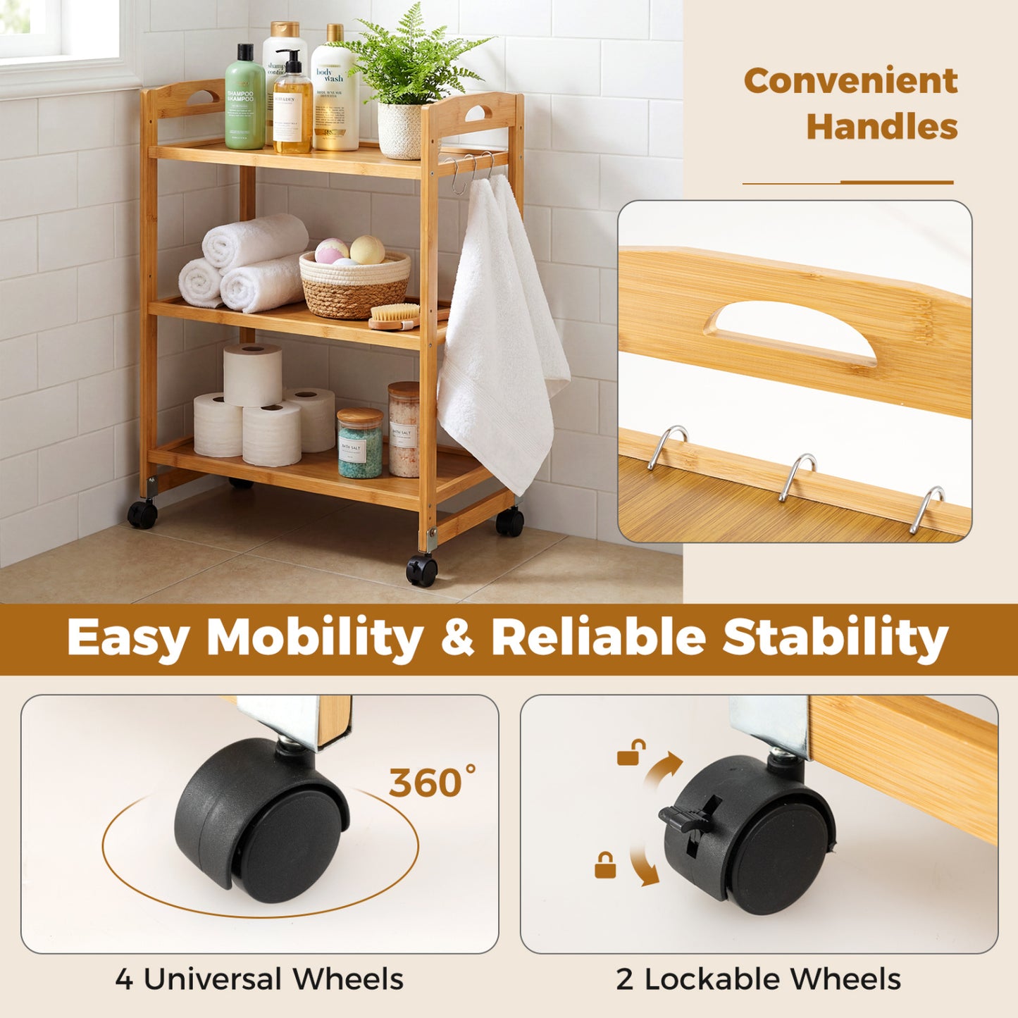 3-Tier Rolling Cart, Bamboo Utility Cart, 4 Universal Wheels, Natural File Cabinets at Gallery Canada