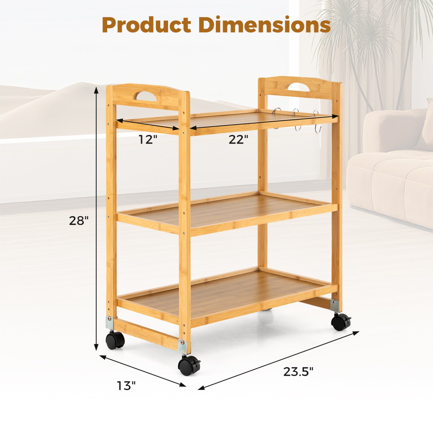 3-Tier Rolling Cart, Bamboo Utility Cart, 4 Universal Wheels, Natural File Cabinets at Gallery Canada
