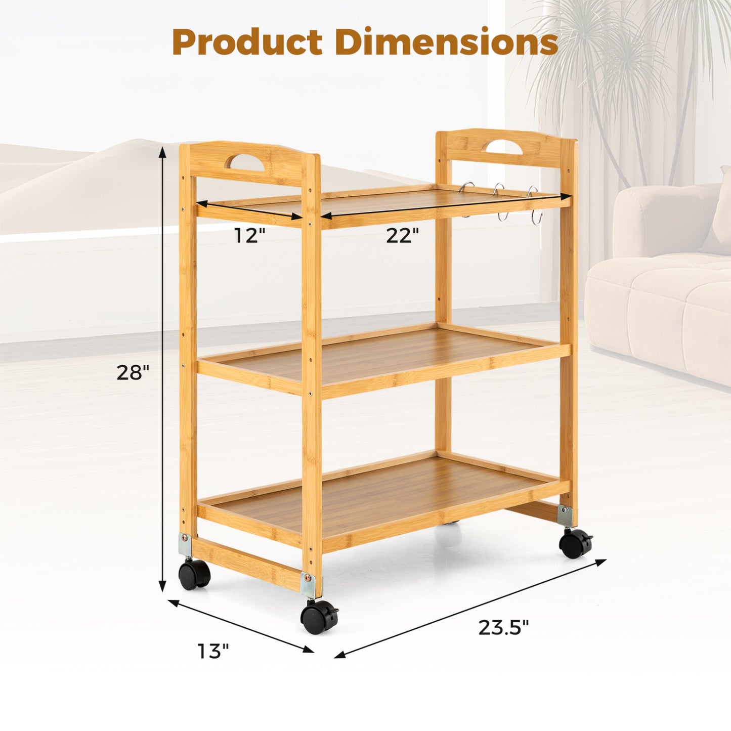 3-Tier Rolling Cart, Bamboo Utility Cart, 4 Universal Wheels, Natural File Cabinets at Gallery Canada