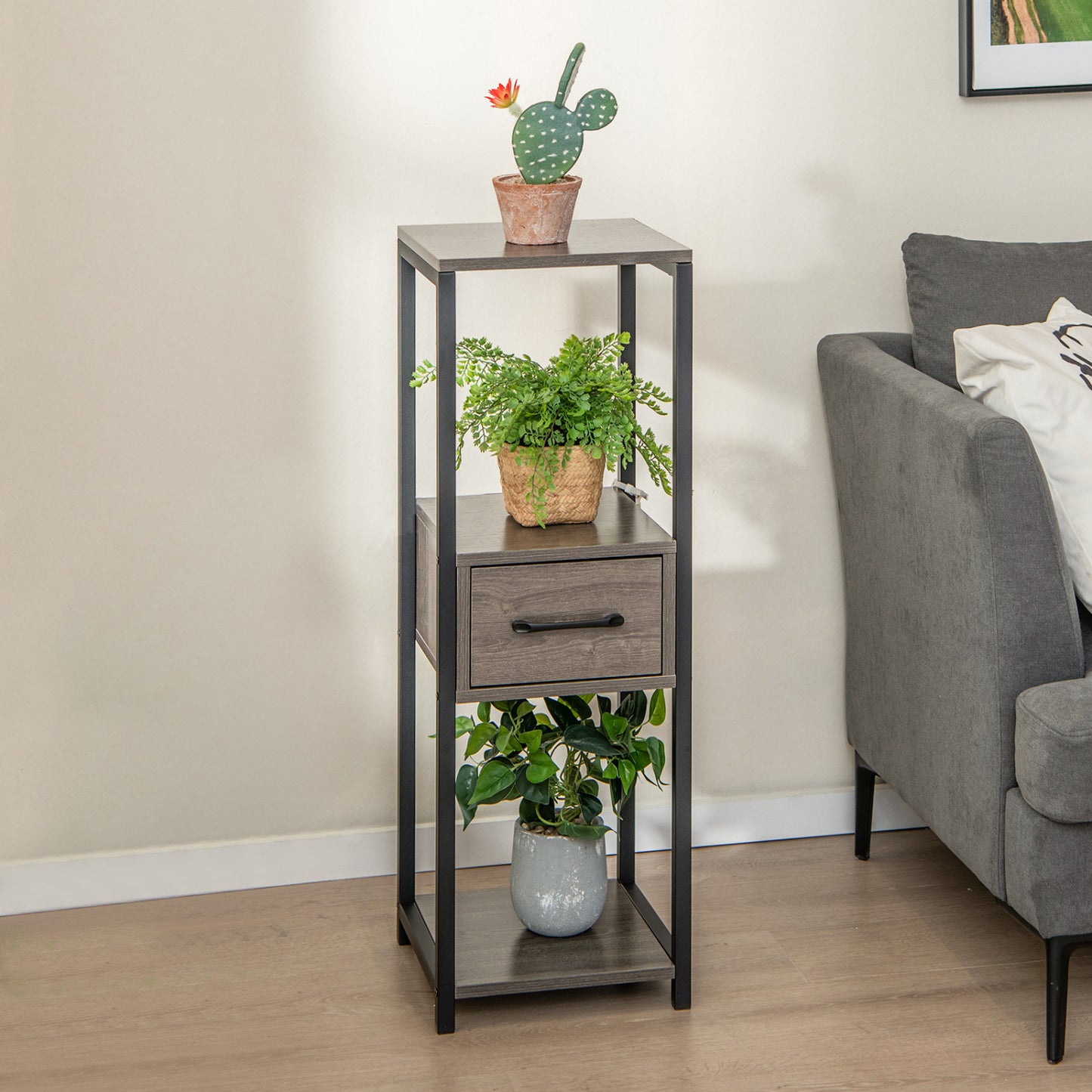 Support de Plantes Métallique Haut à 3 Niveaux Avec Tiroir, Gris