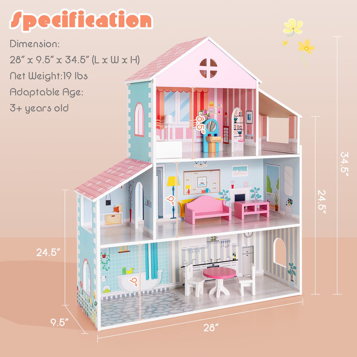 3-Tier Toddler Doll House with Furniture Gift for Age over 3, Multicolor Play Tents & Playhouse at Gallery Canada