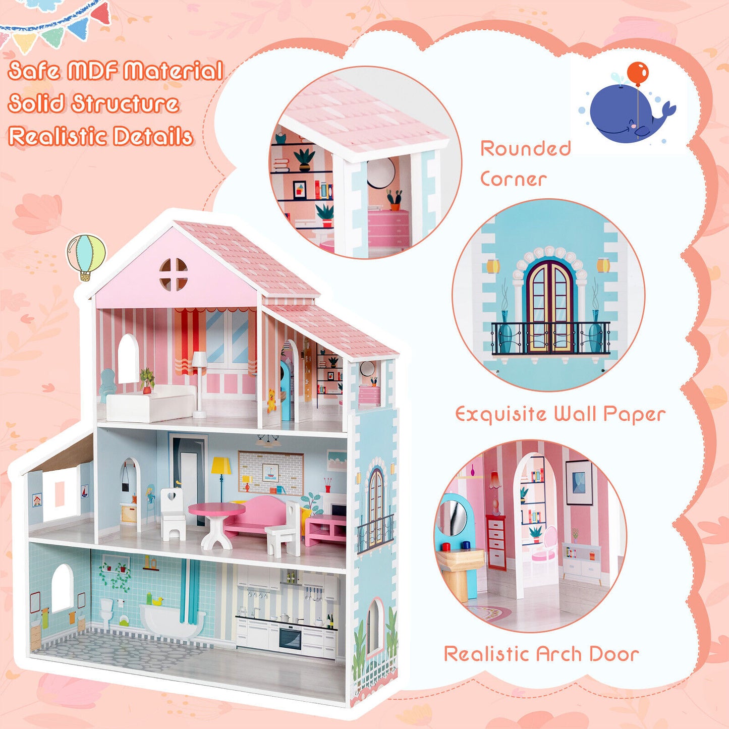 3-Tier Toddler Doll House with Furniture Gift for Age over 3, Multicolor Play Tents & Playhouse at Gallery Canada