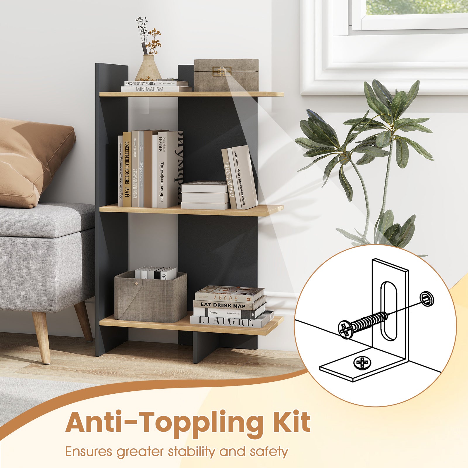 3 Tier Wooden Bookshelf With Anti-Tipping Kit, Oak Bookcases at Gallery Canada