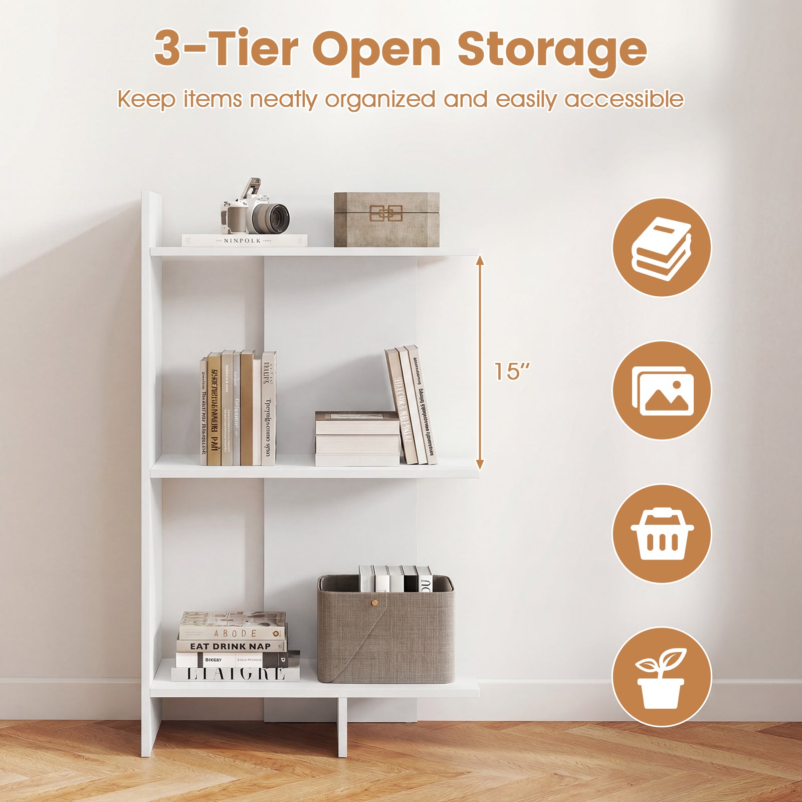 3 Tier Wooden Bookshelf, Anti-Tipping Kit, White Bookcases at Gallery Canada