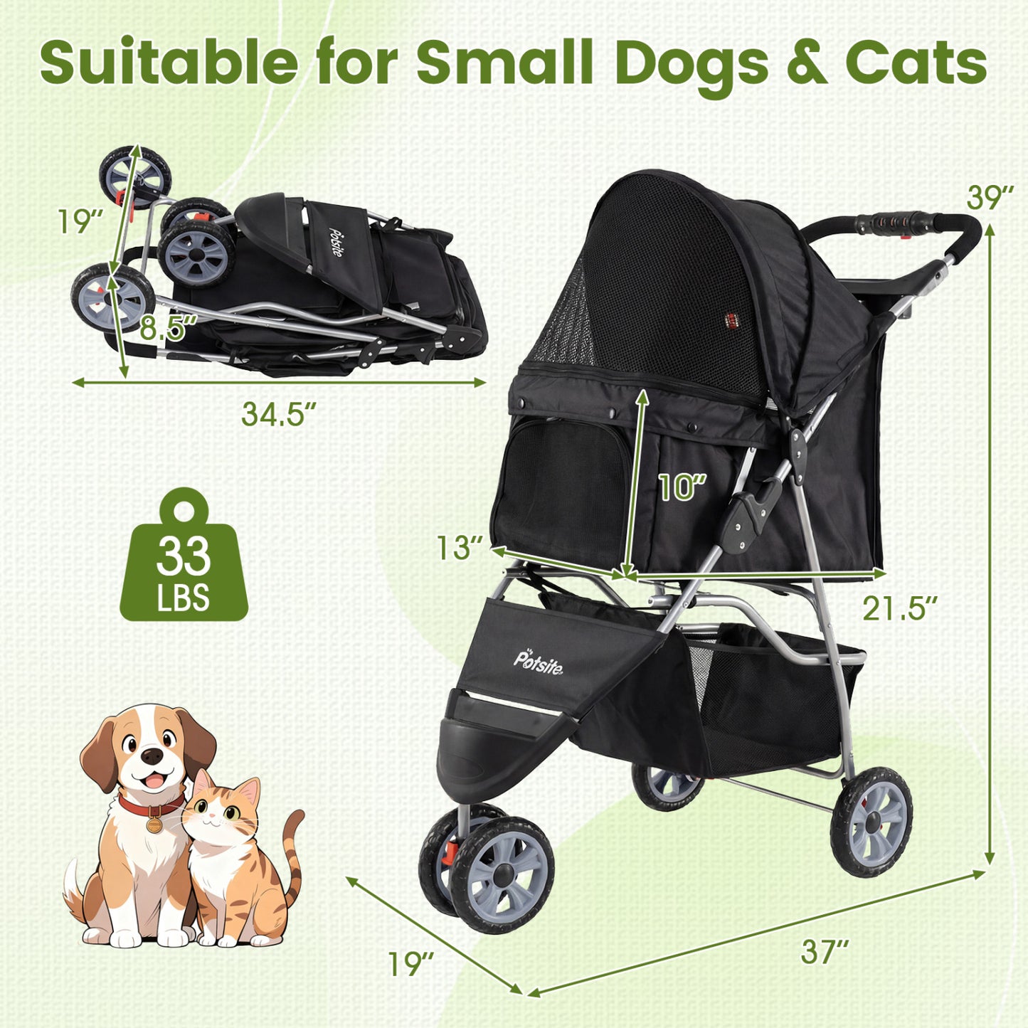 3 Wheel Pet Stroller for Small Dogs Cats up to 33 LBS, Black Cat Supplies at Gallery Canada
