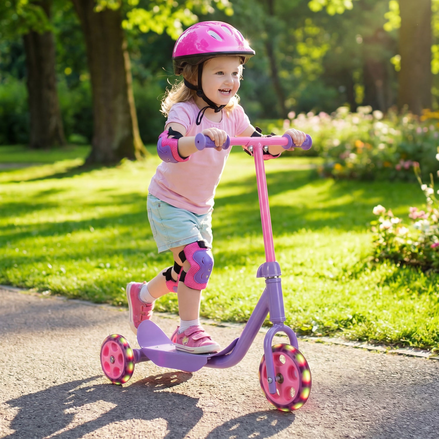 3 Wheels Scooter for Kids Age 2+ with LED Light-Up Wheels and Wide Anti-Slip Deck, Purple Scooters at Gallery Canada