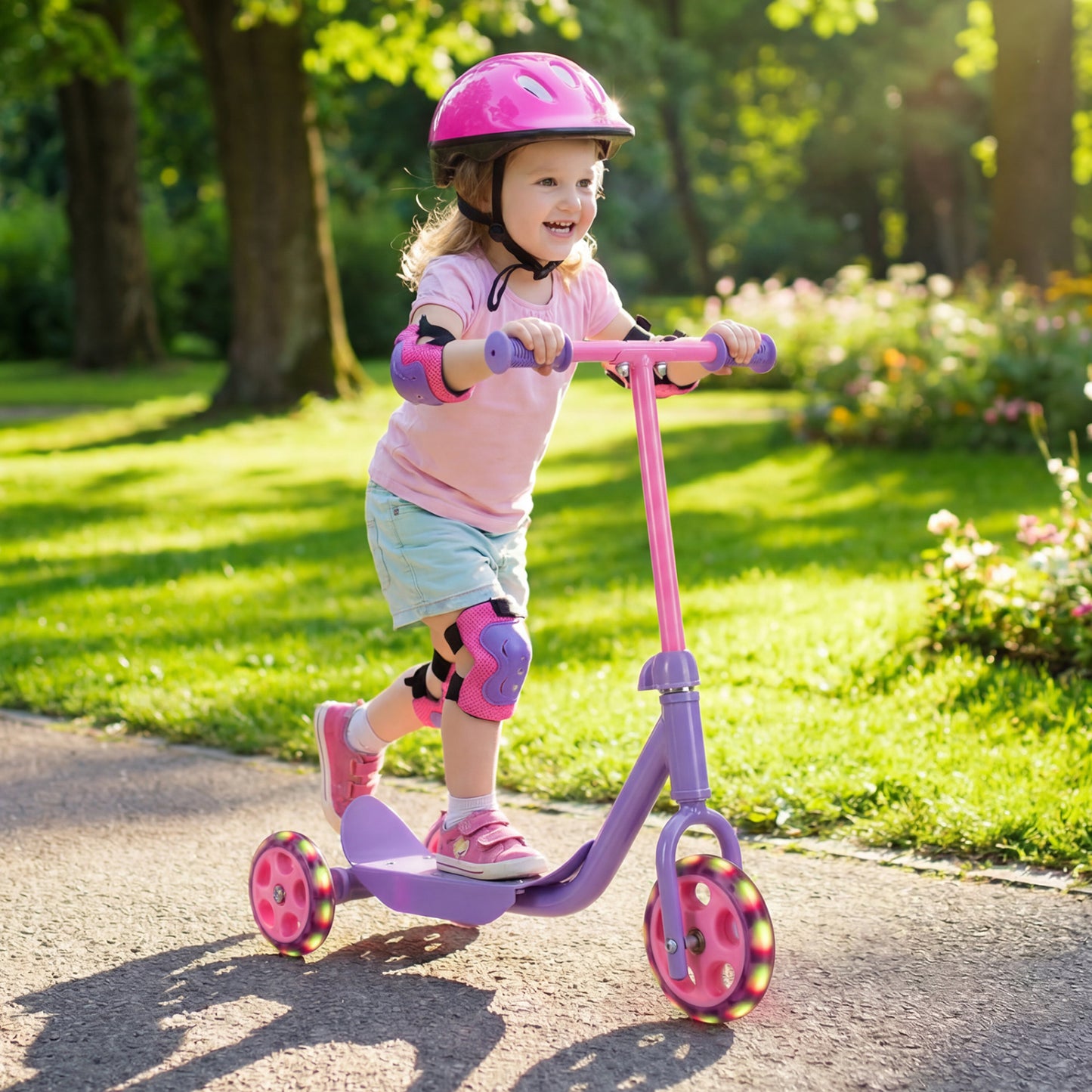 3 Wheels Scooter for Kids Age 2+ with LED Light-Up Wheels and Wide Anti-Slip Deck, Purple Scooters at Gallery Canada