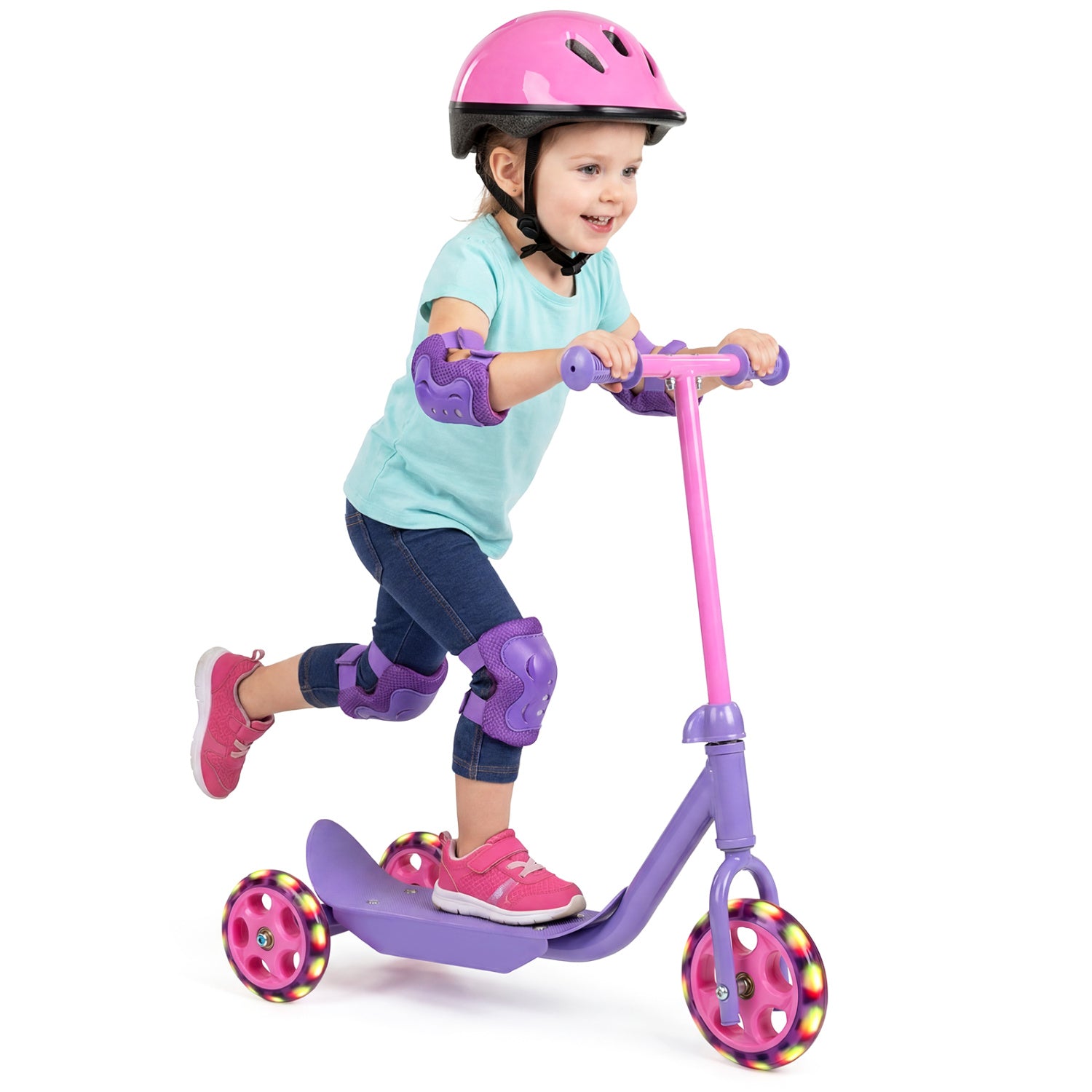 3 Wheels Scooter for Kids Age 2+ with LED Light-Up Wheels and Wide Anti-Slip Deck, Purple Scooters at Gallery Canada