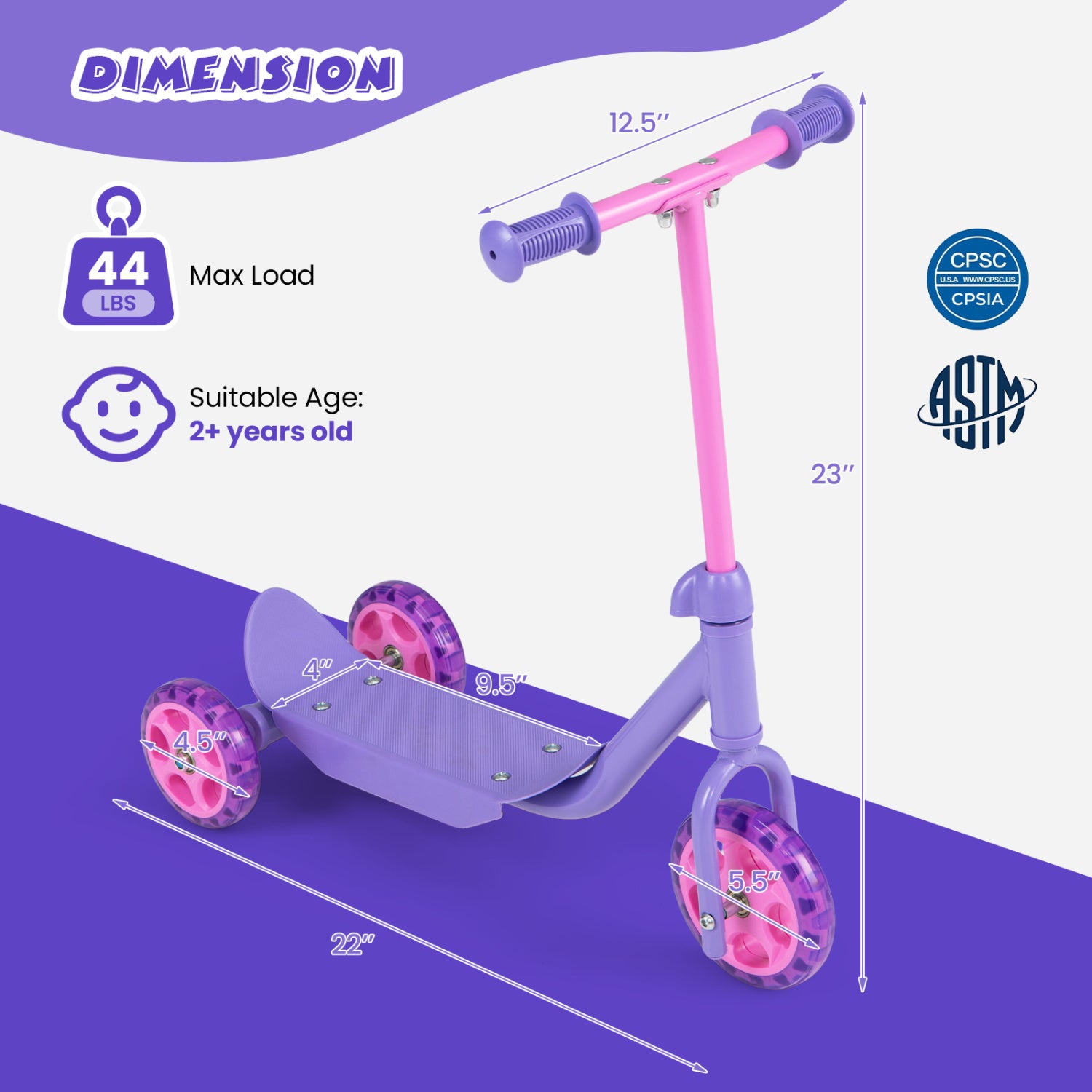 3 Wheels Scooter for Kids Age 2+ with LED Light-Up Wheels and Wide Anti-Slip Deck, Purple Scooters at Gallery Canada