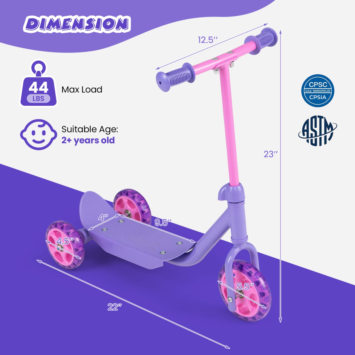 3 Wheels Scooter for Kids Age 2+ with LED Light-Up Wheels and Wide Anti-Slip Deck, Purple Scooters at Gallery Canada