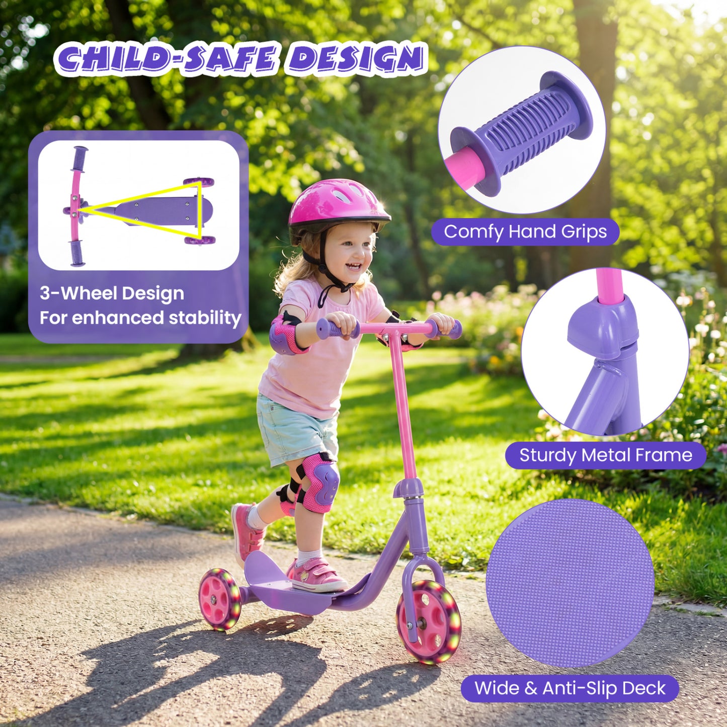 3 Wheels Scooter for Kids Age 2+ with LED Light-Up Wheels and Wide Anti-Slip Deck, Purple Scooters at Gallery Canada