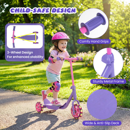 3 Wheels Scooter for Kids Age 2+ with LED Light-Up Wheels and Wide Anti-Slip Deck, Purple Scooters at Gallery Canada