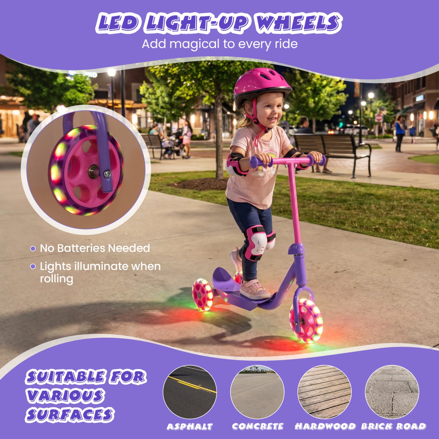 3 Wheels Scooter for Kids Age 2+ with LED Light-Up Wheels and Wide Anti-Slip Deck, Purple Scooters at Gallery Canada