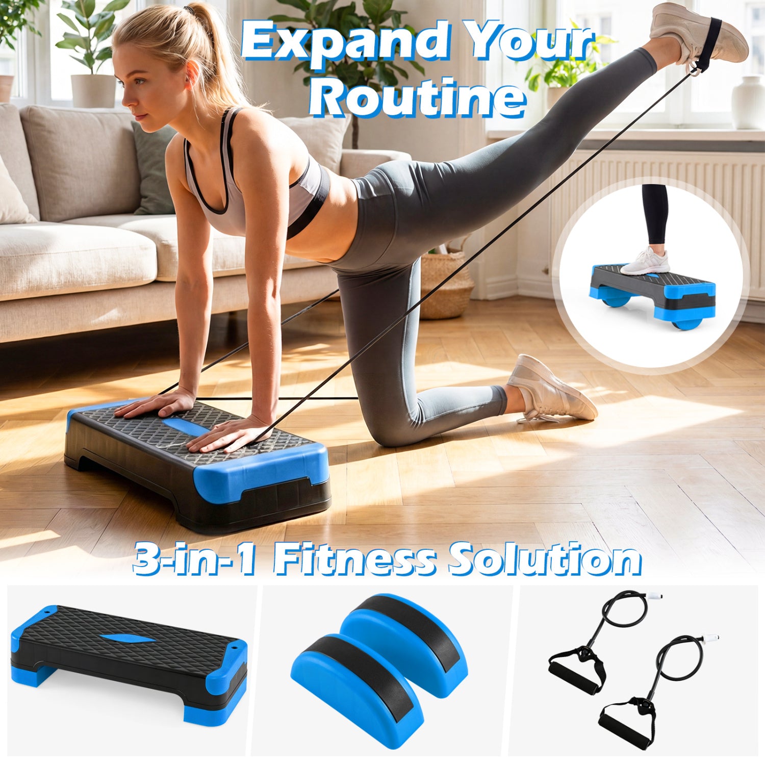 3-in-1 Aerobic Step Platform Set, 2 Stackable Risers, Balance Trainers, Blue Sport Equipments at Gallery Canada
