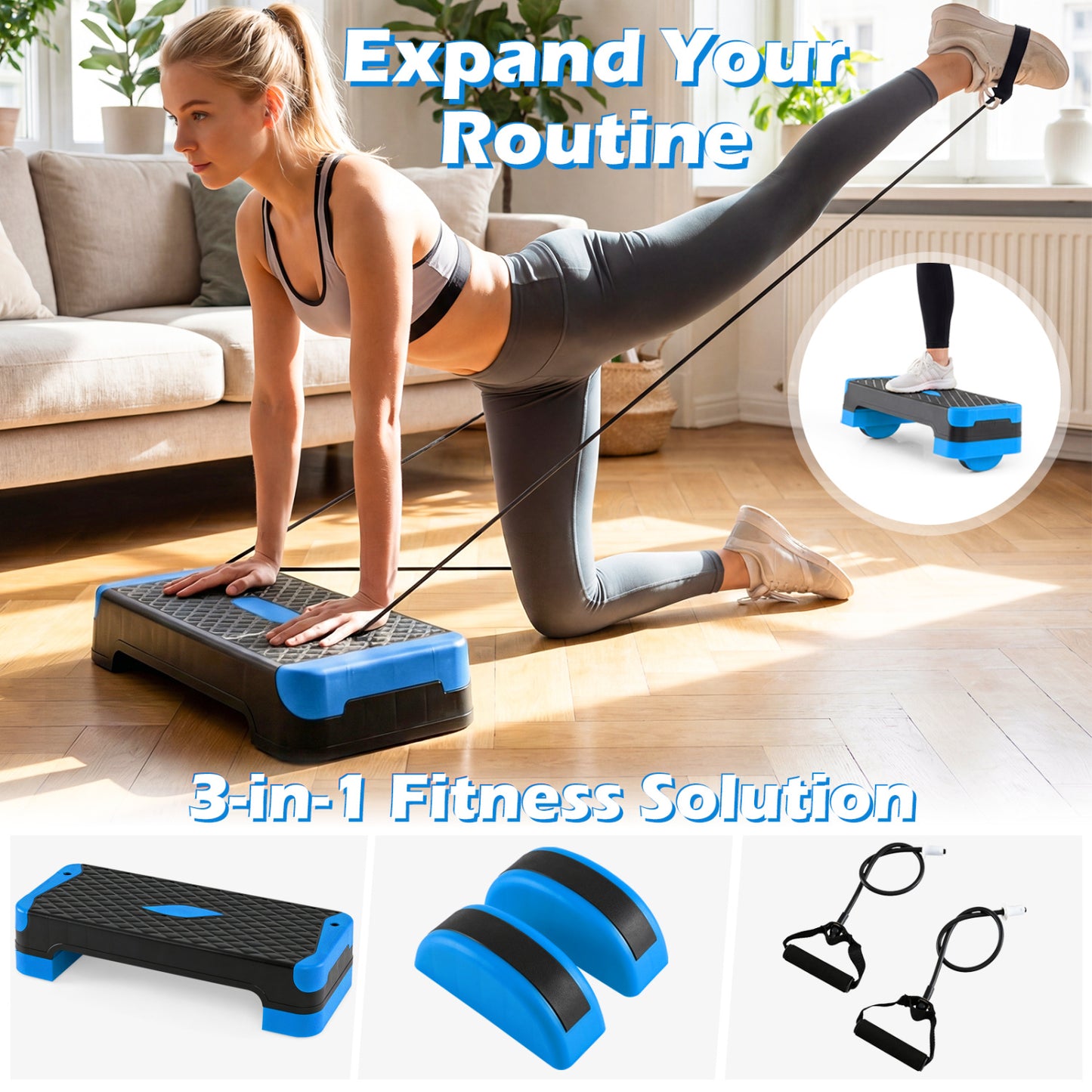 3-in-1 Aerobic Step Platform Set, 2 Stackable Risers, Balance Trainers, Blue Sport Equipments at Gallery Canada