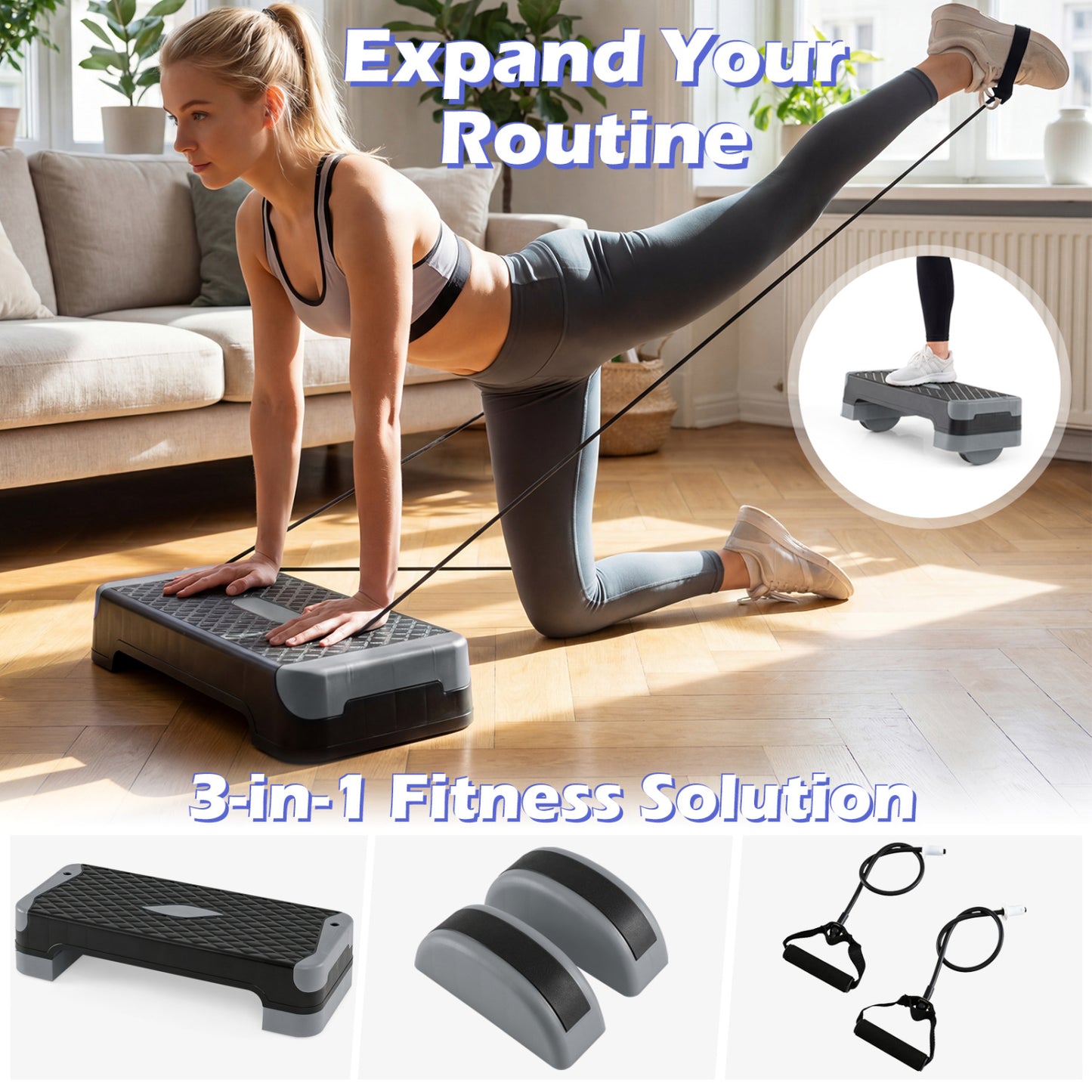 3-in-1 Aerobic Step Platform Set, 2 Stackable Risers, Balance Trainers, Gray Sport Equipments at Gallery Canada