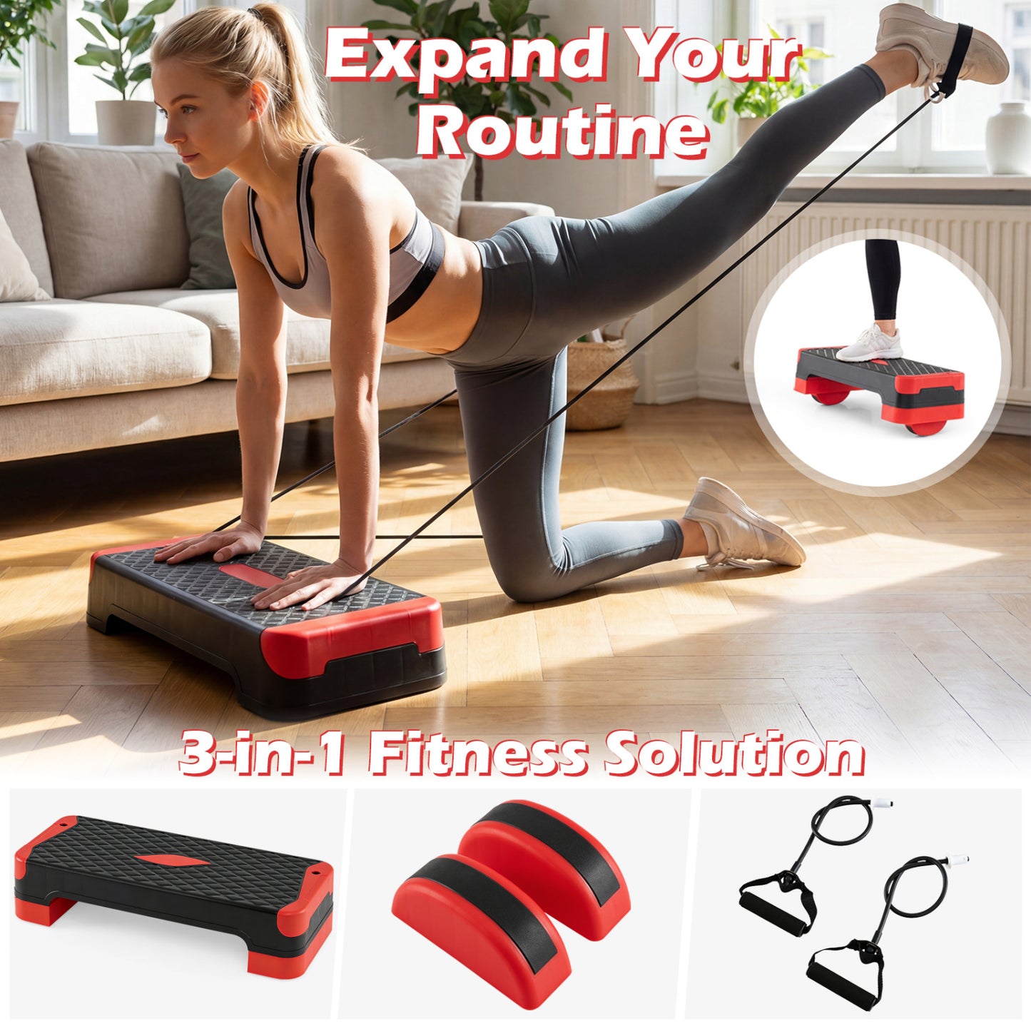 3-in-1 Aerobic Step Platform, 2 Stackable Risers, Balance Trainers, Red Sport Equipments at Gallery Canada