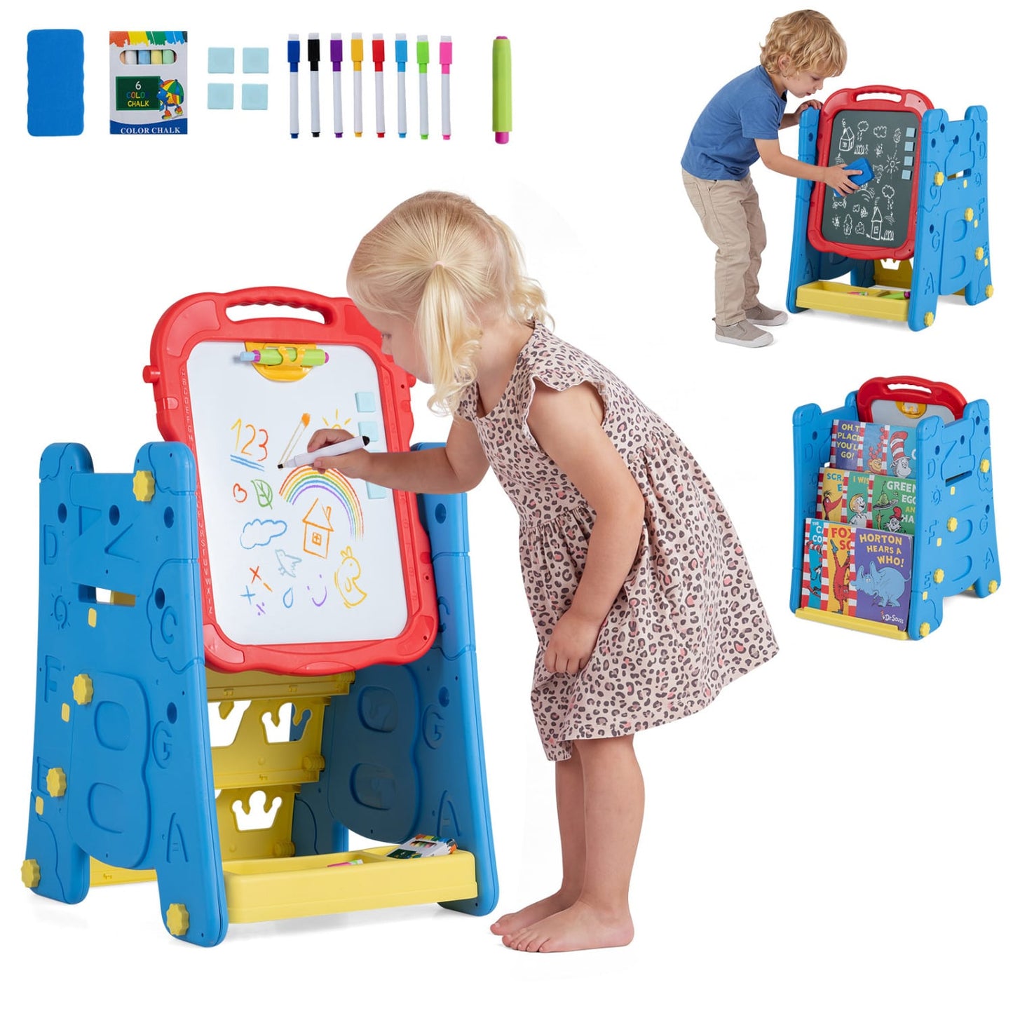 3 In 1 Art Easel For Kids, Double Sided Magnetic Board, Blue