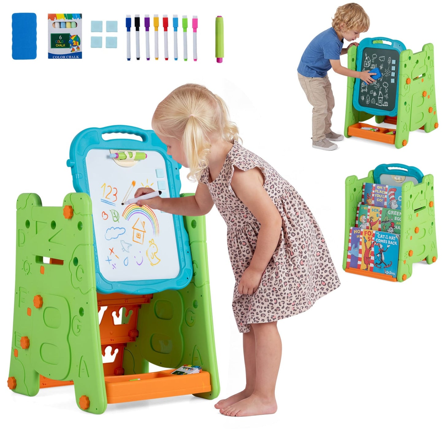 3 In 1 Art Easel For Kids, Double Sided Magnetic Board, Green