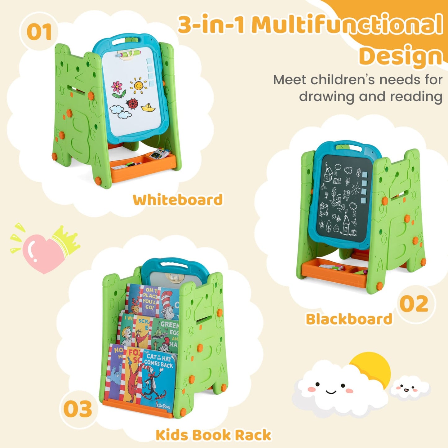3 In 1 Art Easel For Kids, Double Sided Magnetic Board, Green