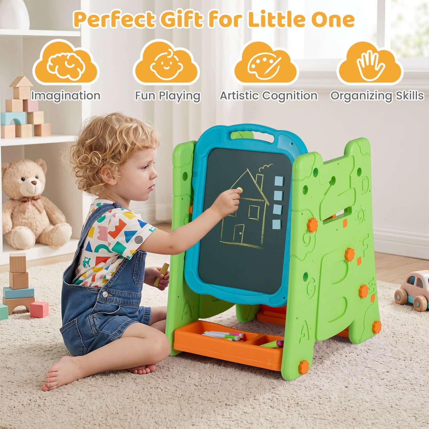 3 In 1 Art Easel For Kids, Double Sided Magnetic Board, Green