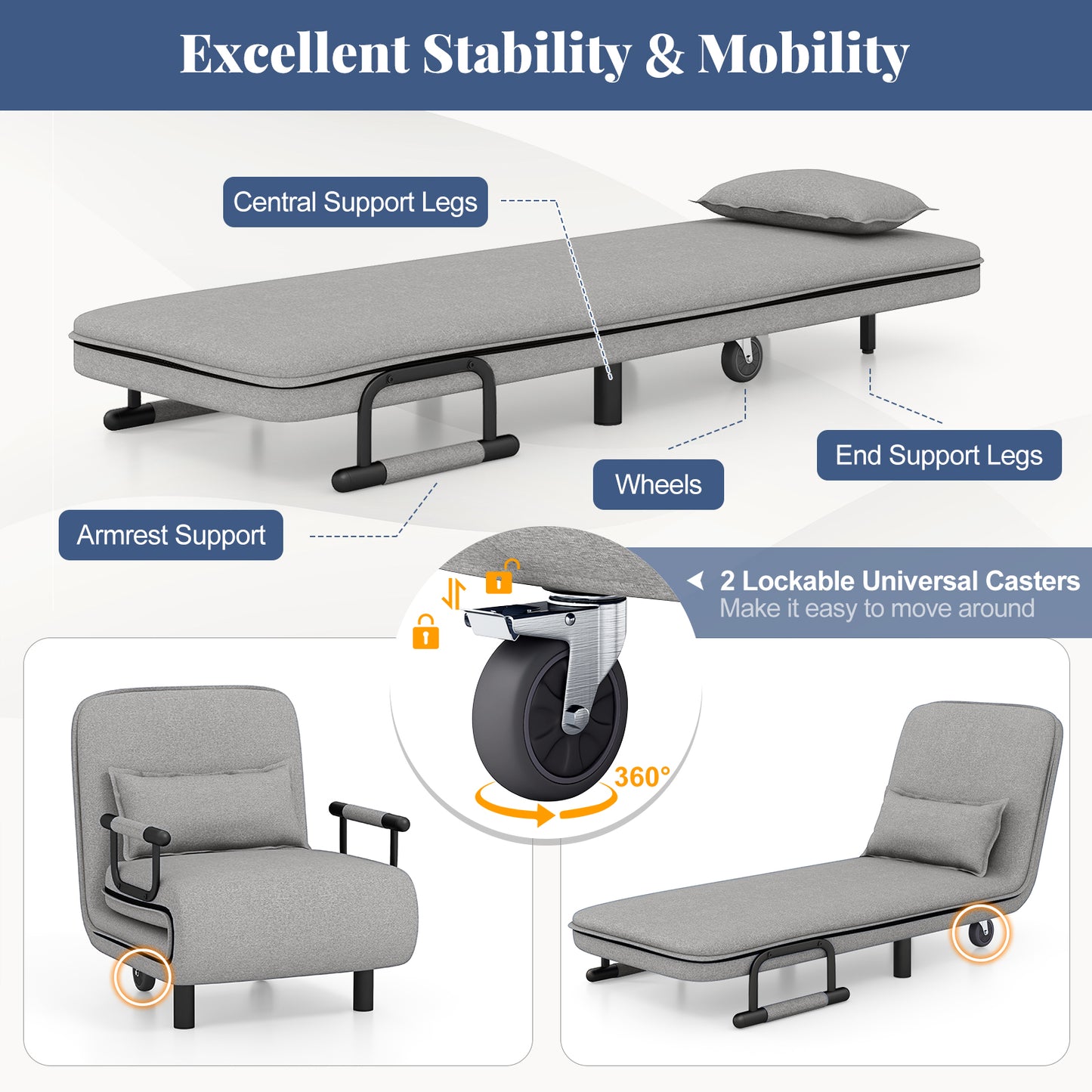 3-In-1 Convertible Sofa Bed, Adjustable Backrest, Lumbar Pillow, Light Gray Accent Chairs at Gallery Canada