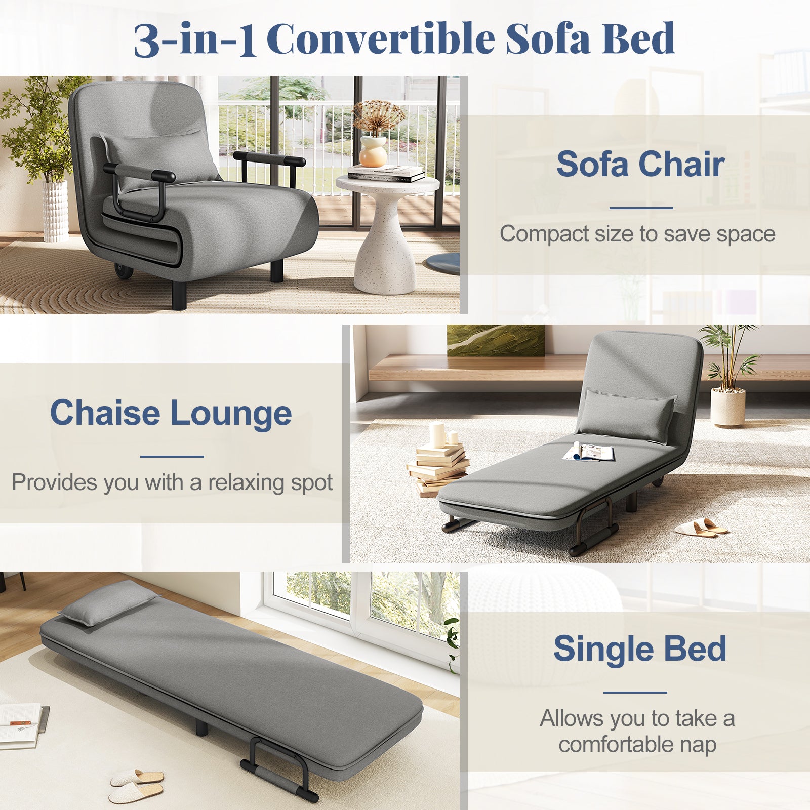 3-In-1 Convertible Sofa Bed, Adjustable Backrest, Lumbar Pillow, Light Gray Accent Chairs at Gallery Canada