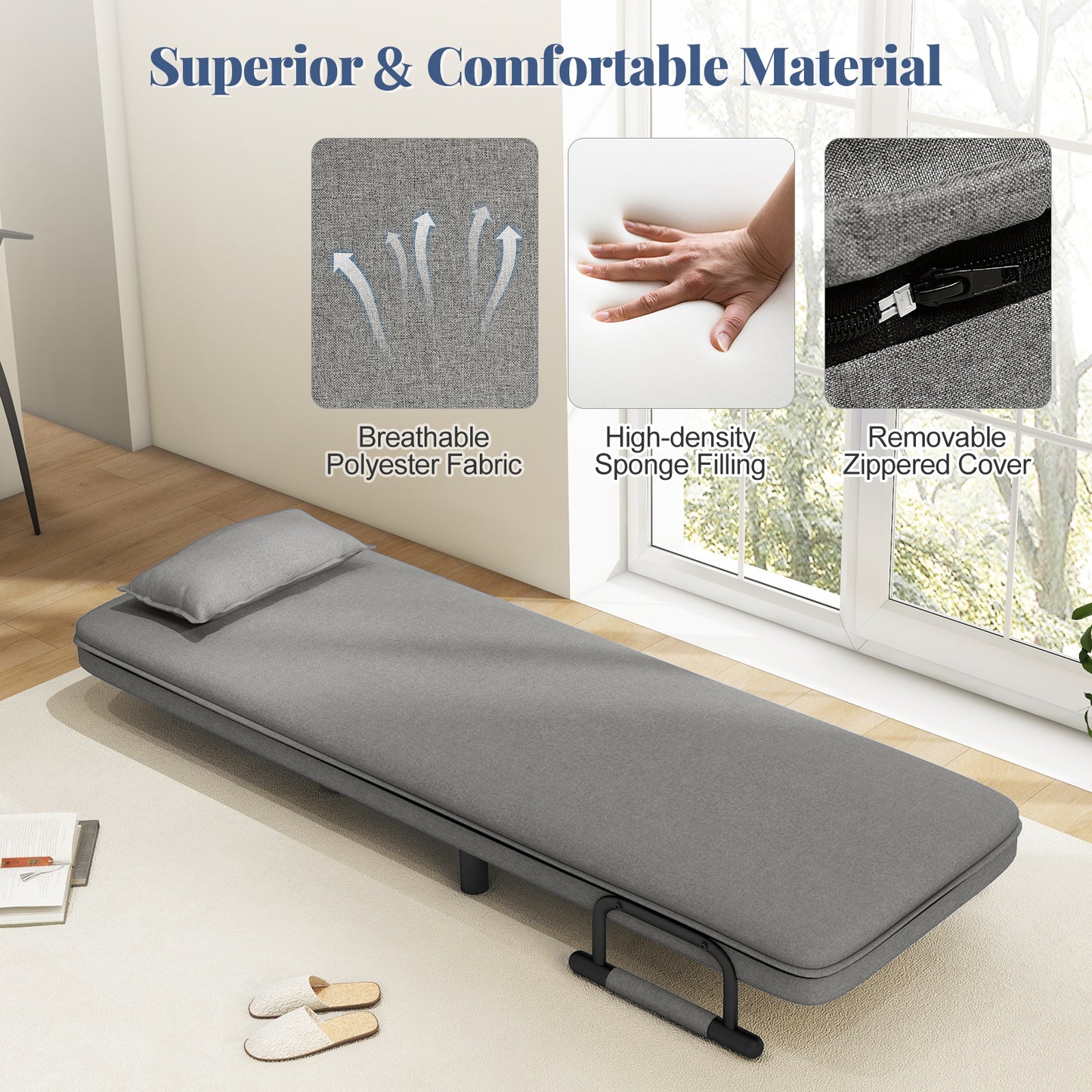 3-In-1 Convertible Sofa Bed, Adjustable Backrest, Lumbar Pillow, Light Gray Accent Chairs at Gallery Canada