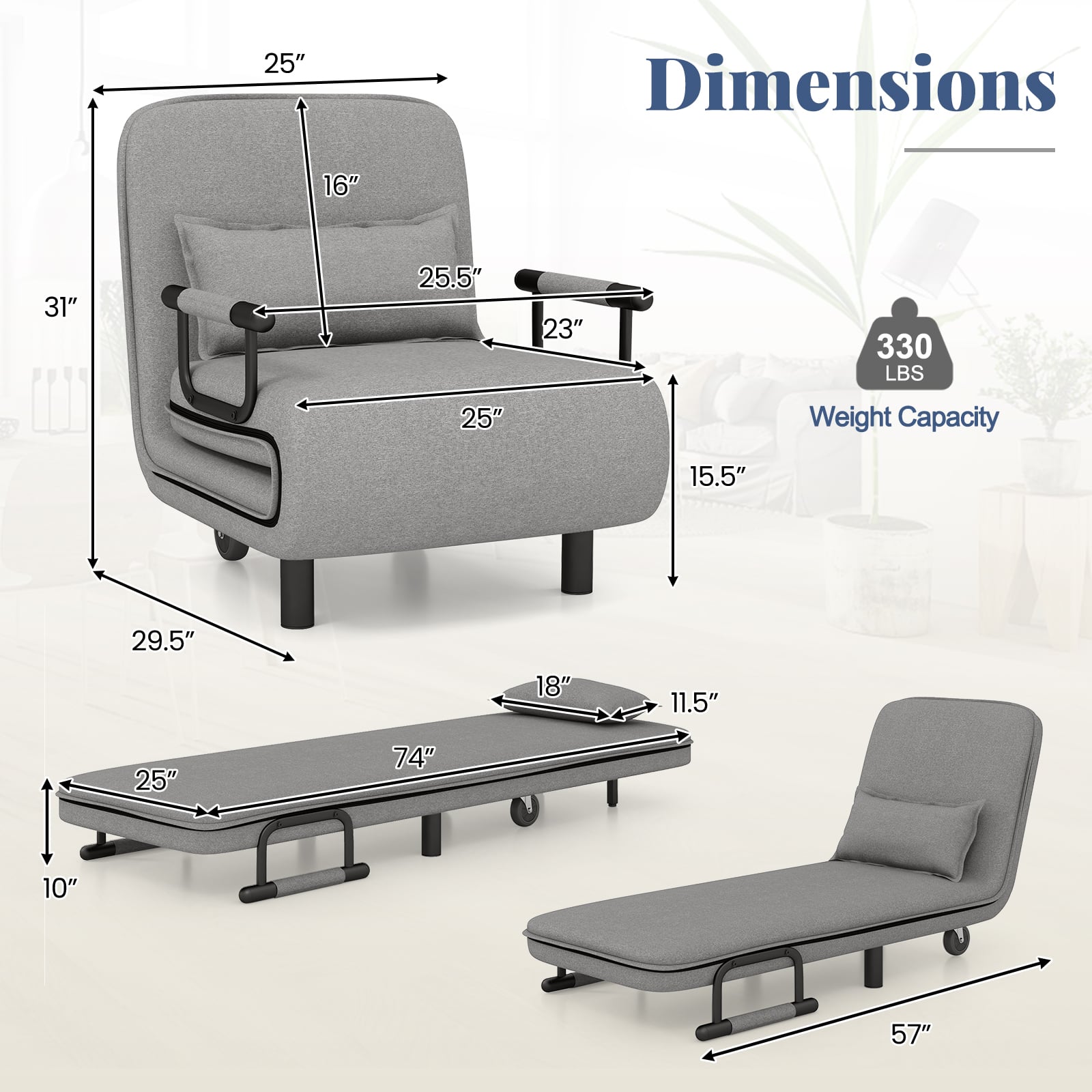 3-In-1 Convertible Sofa Bed, Adjustable Backrest, Lumbar Pillow, Light Gray Accent Chairs at Gallery Canada