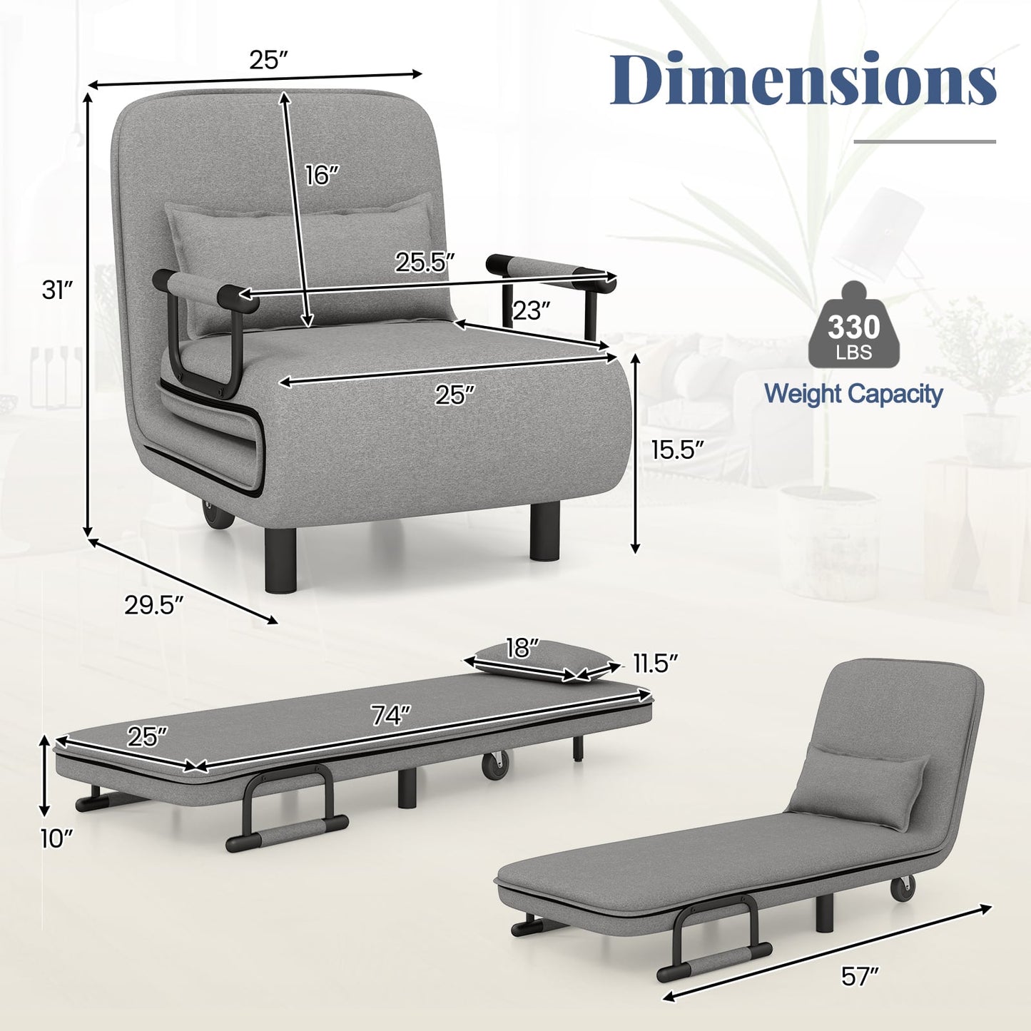 3-In-1 Convertible Sofa Bed, Adjustable Backrest, Lumbar Pillow, Light Gray Accent Chairs at Gallery Canada